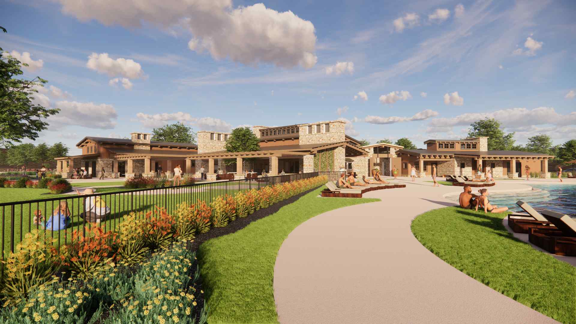 A building with a pool and a walkway.