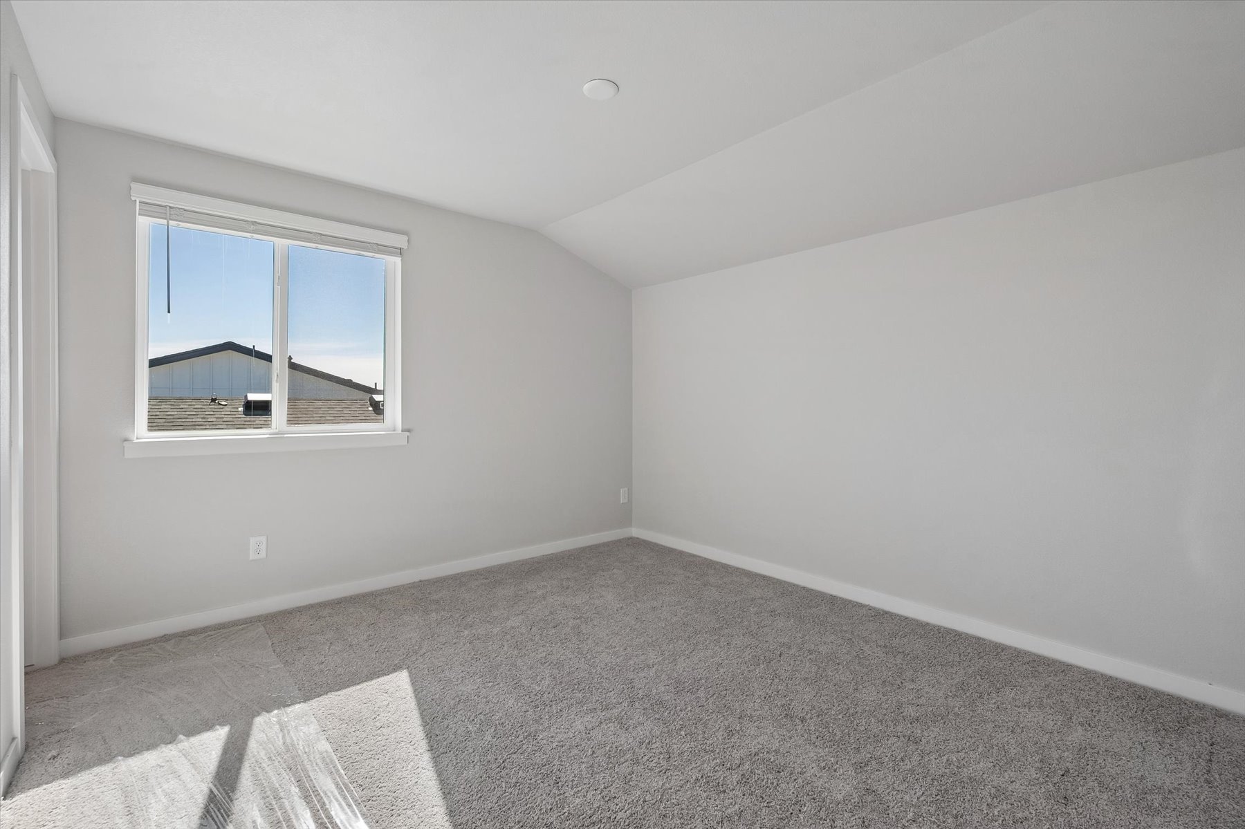 A room with a rug and a window.