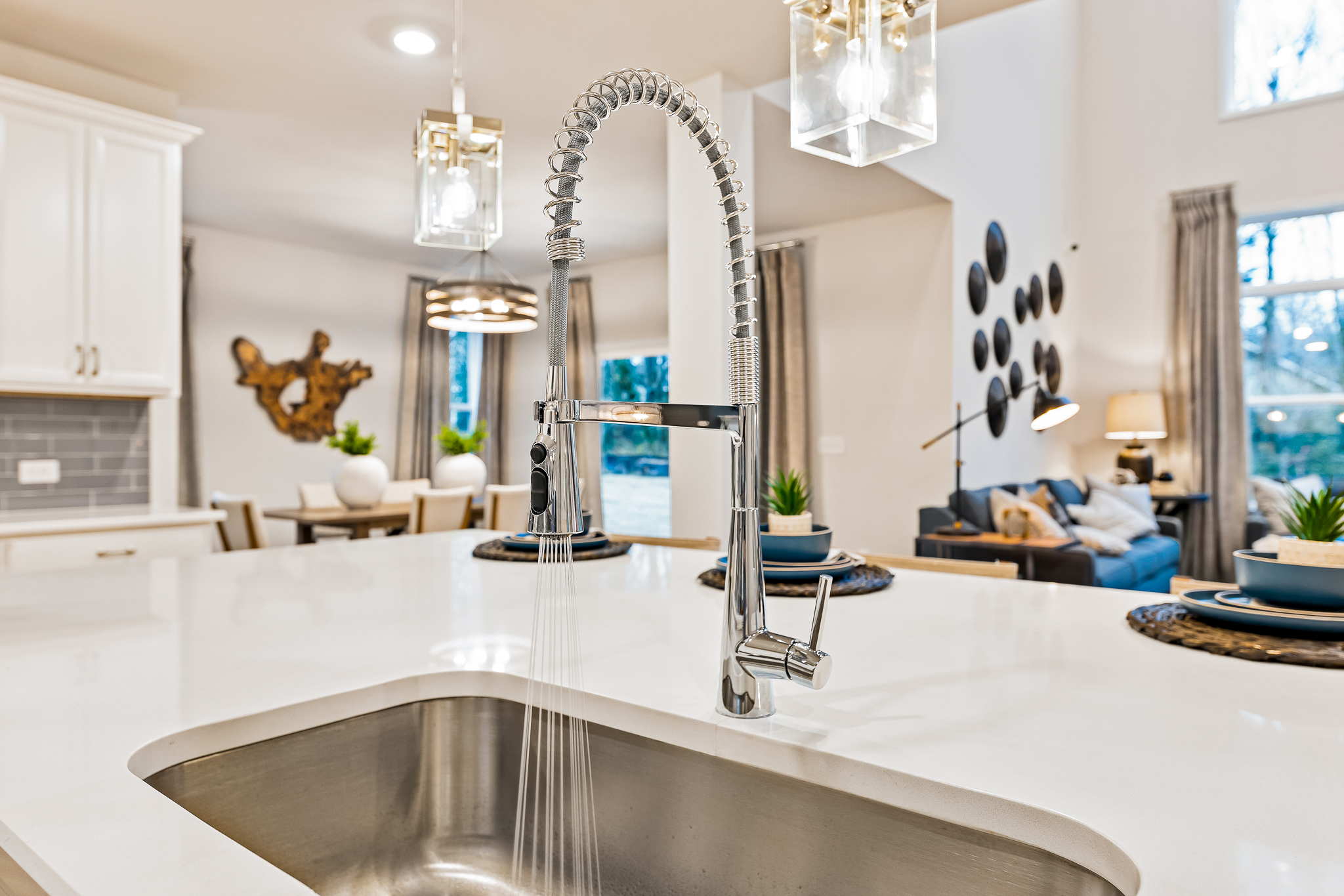 A large kitchen with a large glass shower.