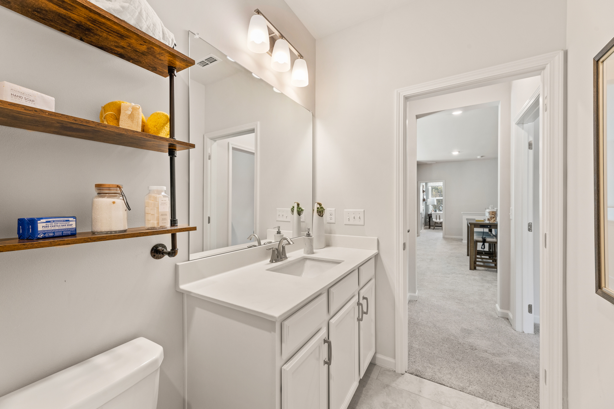 A bathroom with a sink and shelves.