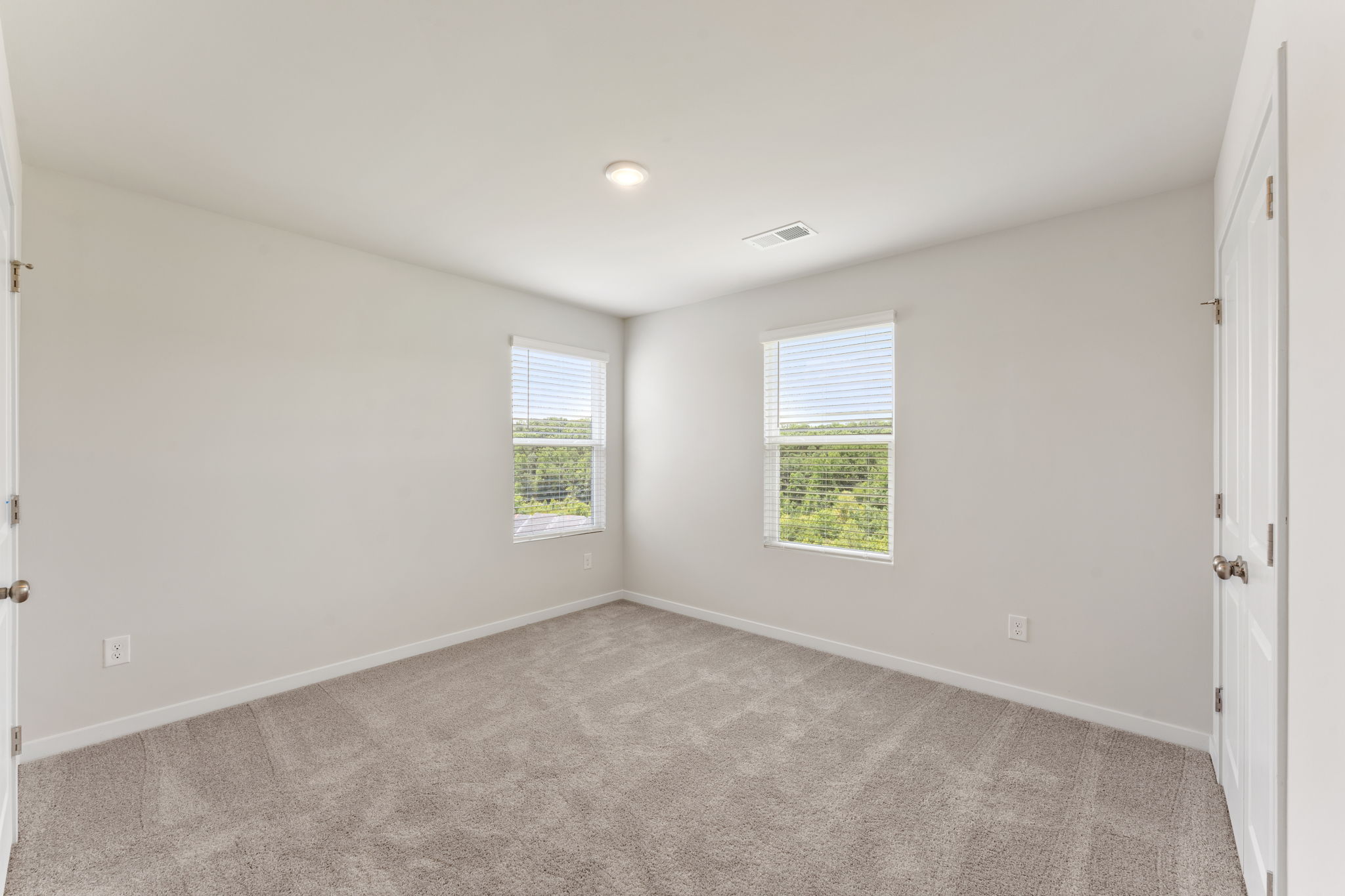 A room with a carpet and windows.