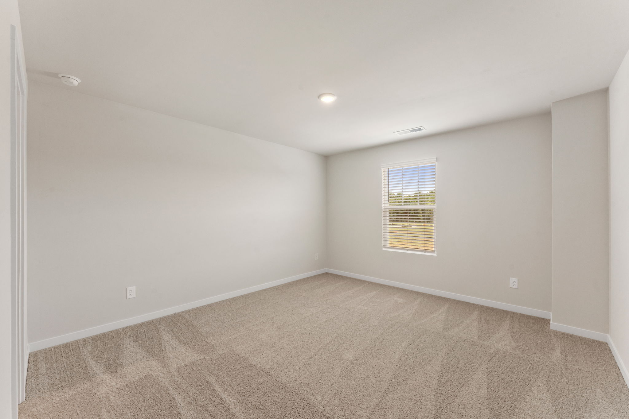 A room with a carpet and a window.