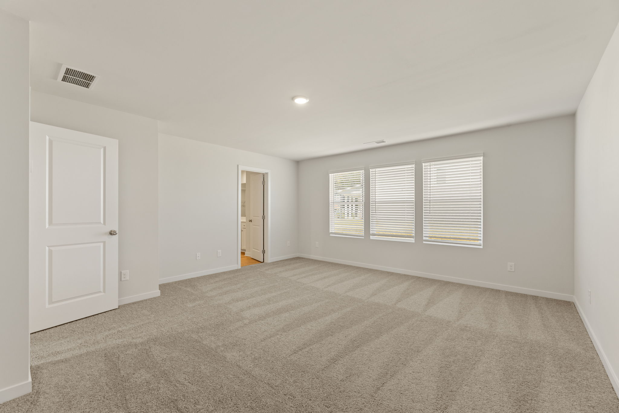 A room with a carpet and a door.