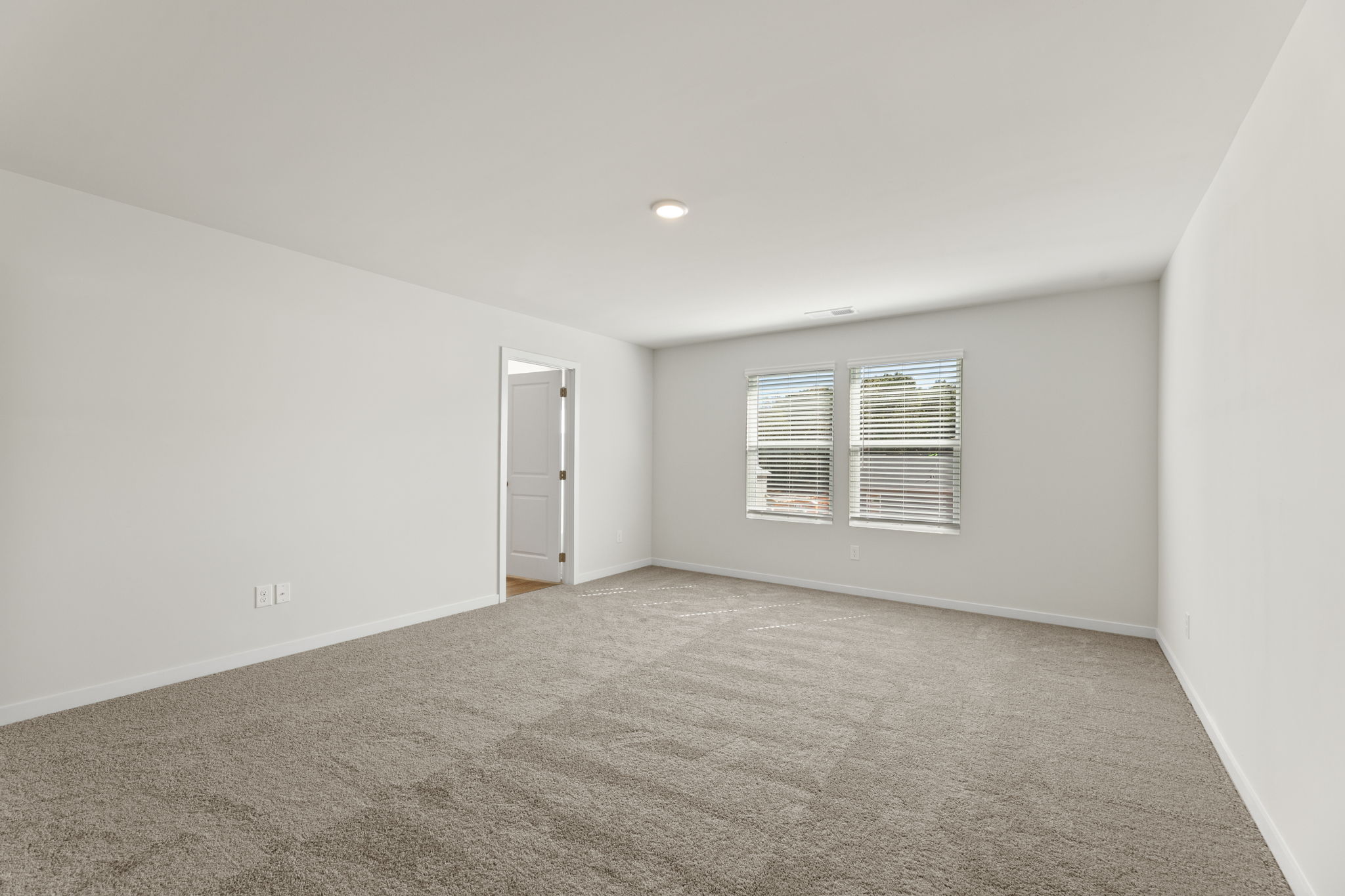 A room with a carpet and a door.