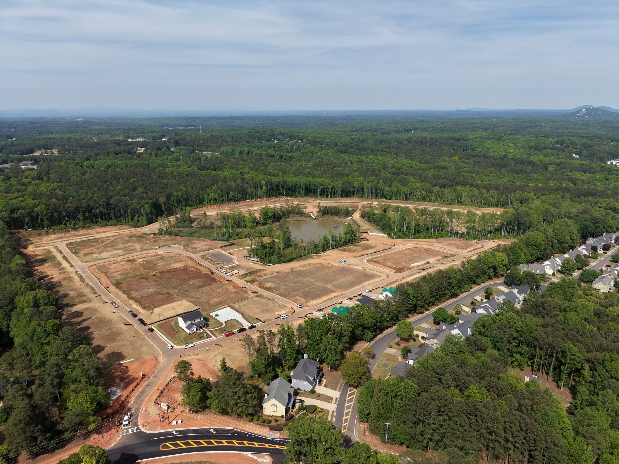 A landscape with trees and buildings.