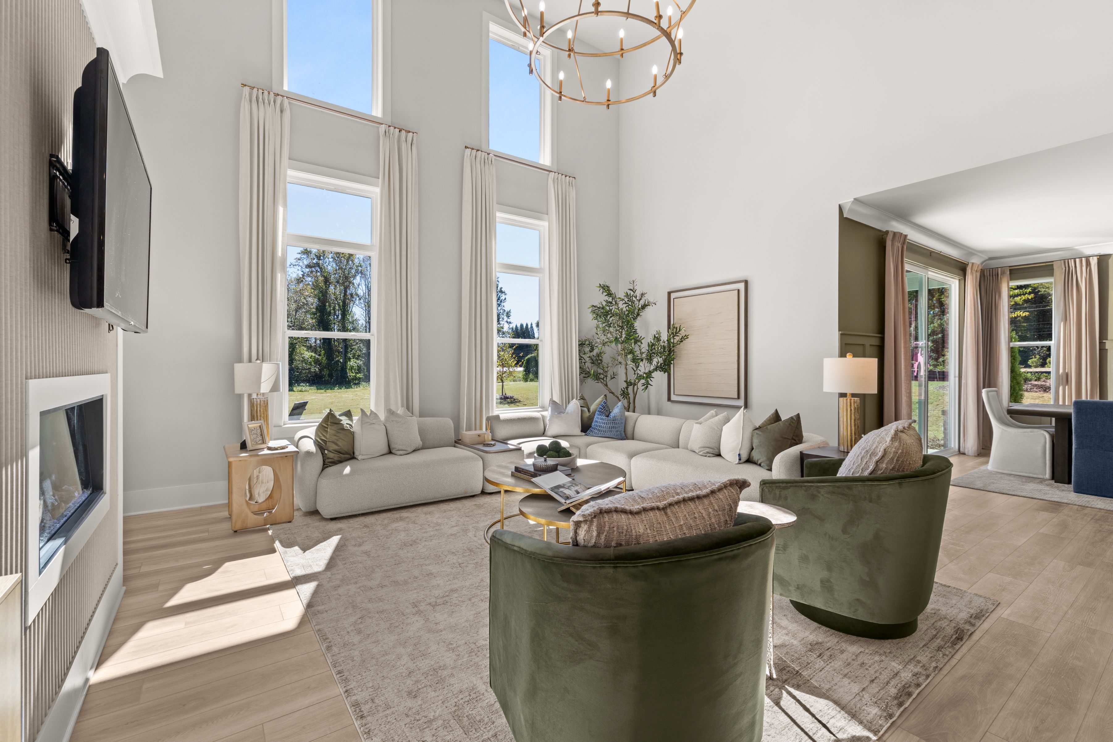 A living room with a large window.