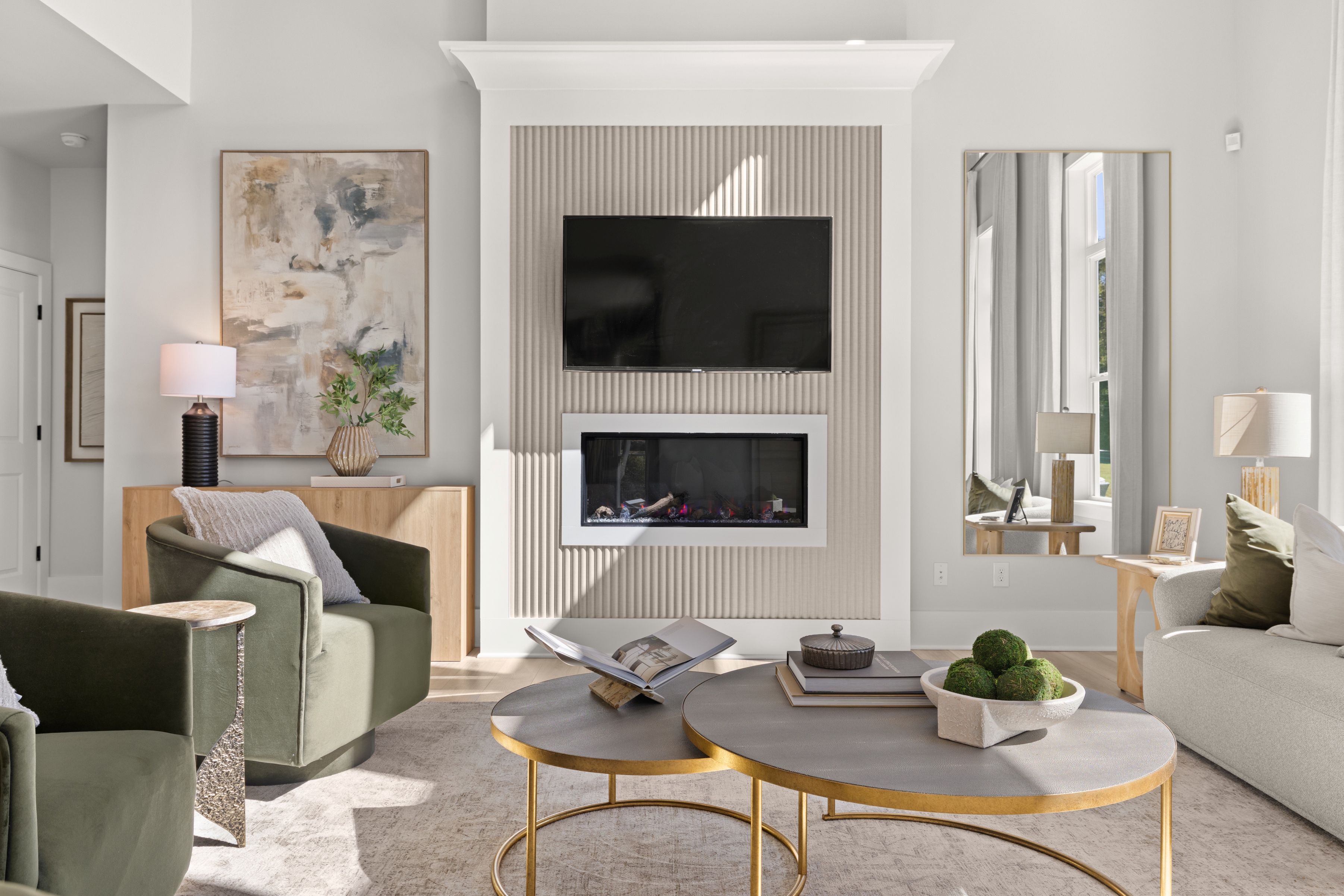 A living room with a fireplace.