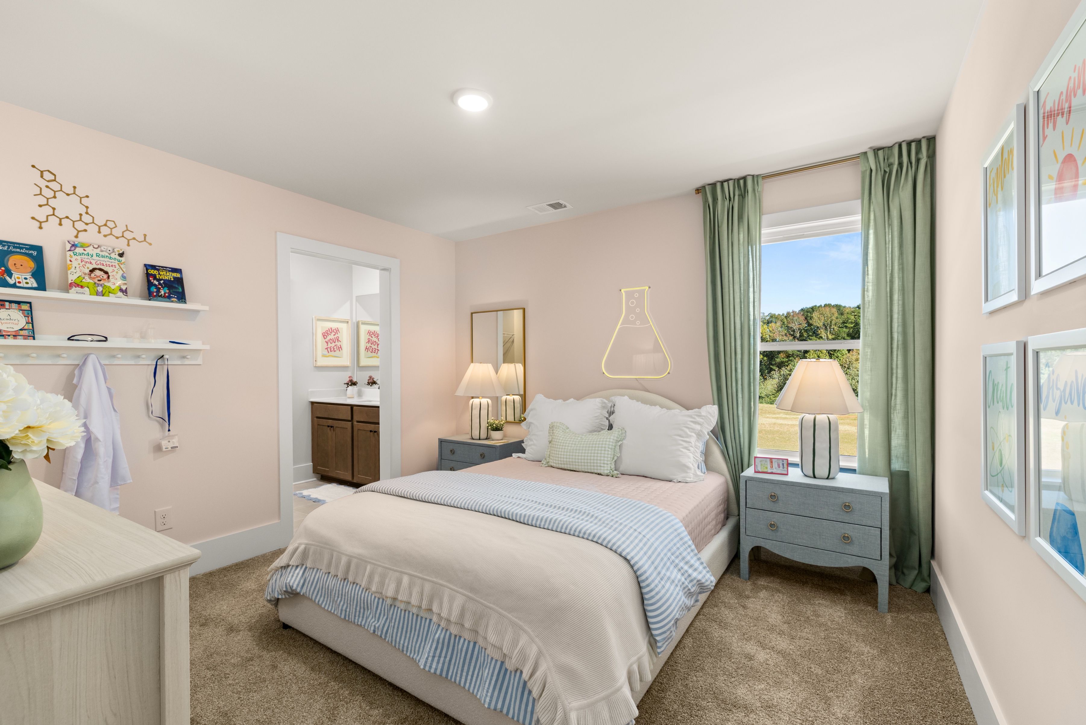 A bedroom with a large window.