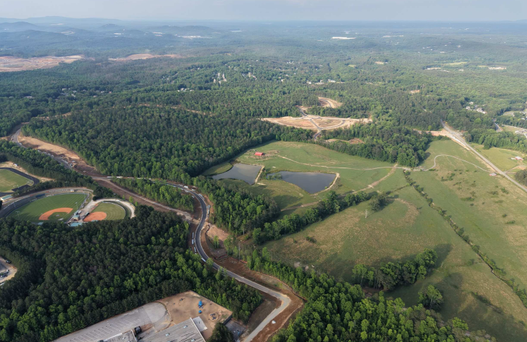 A landscape with trees and roads.