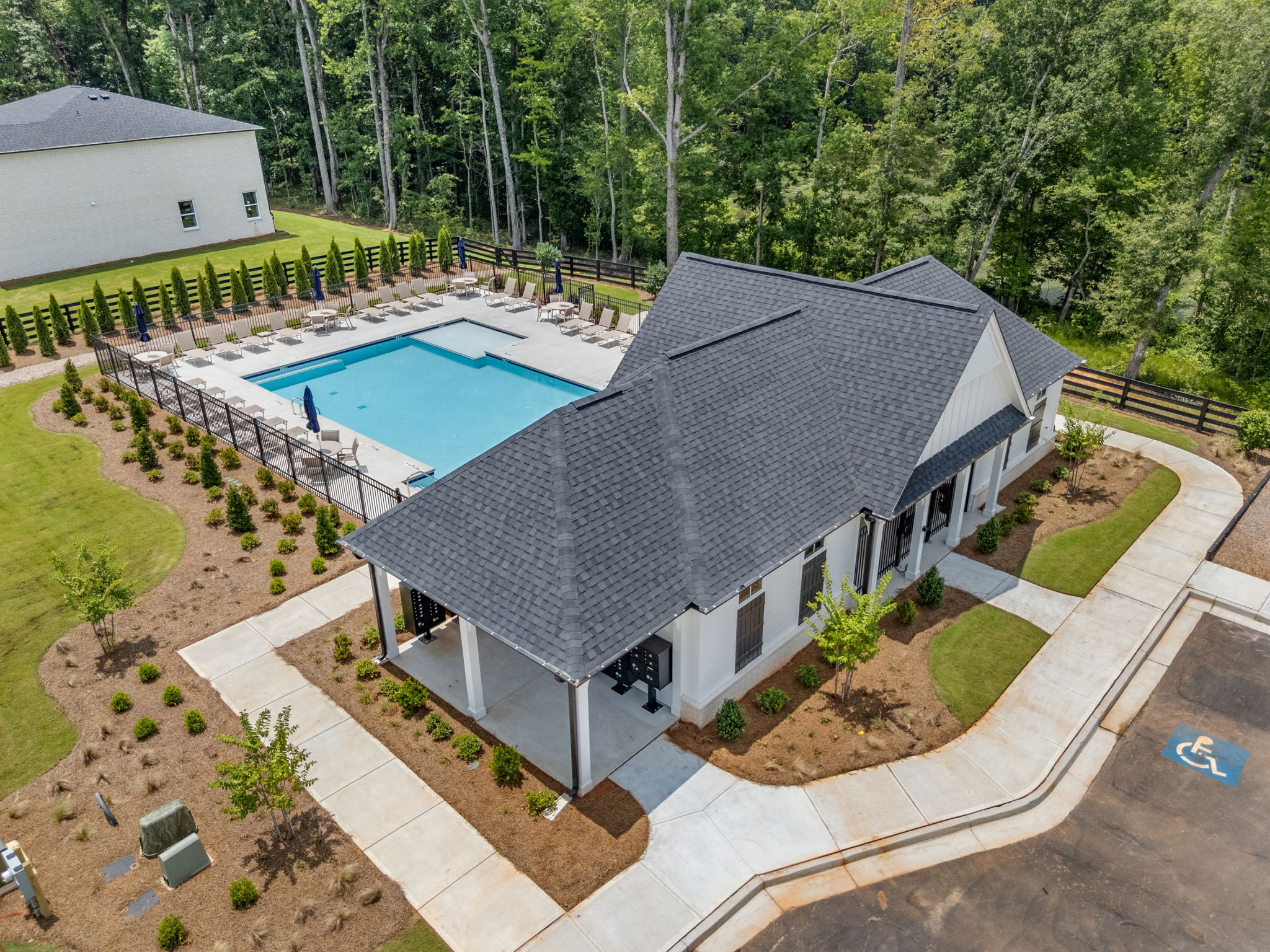 A building with a pool.