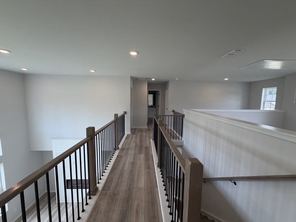 A long wooden staircase.