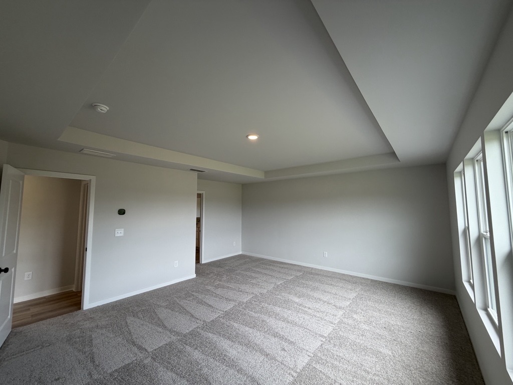 A room with a carpet and a door.
