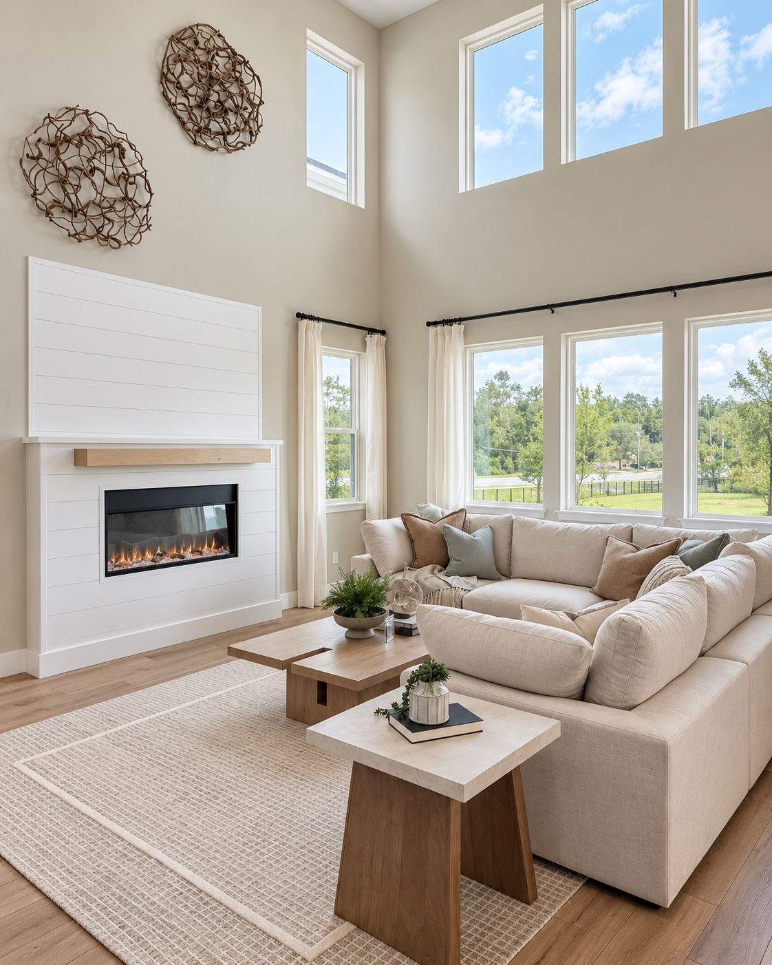 A living room with a fireplace.