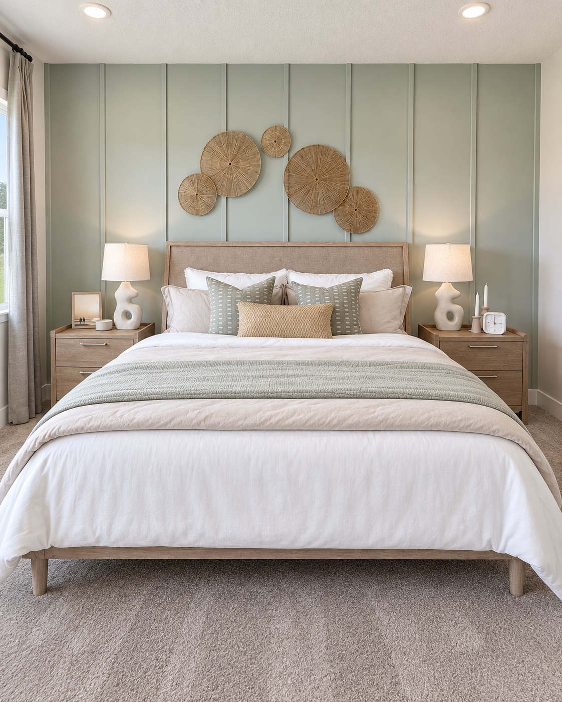 A bed with a large headboard.