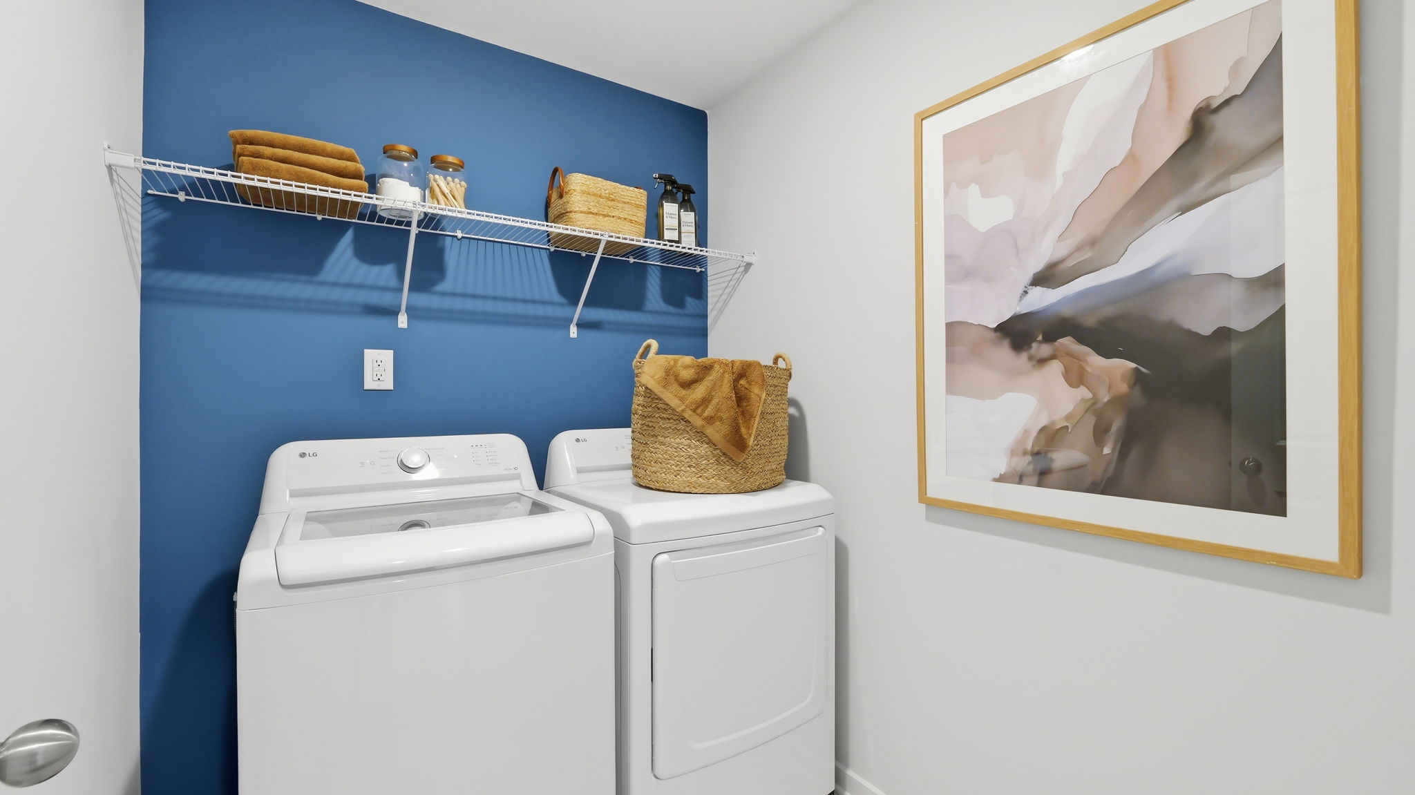 A laundry room with a basket and laundry basket.