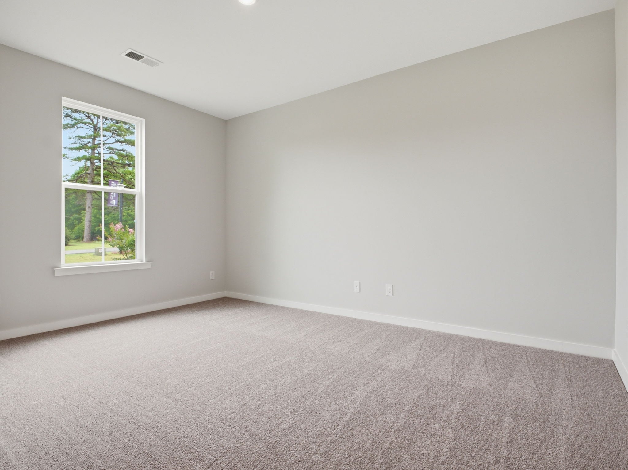 A room with a carpet and a window.