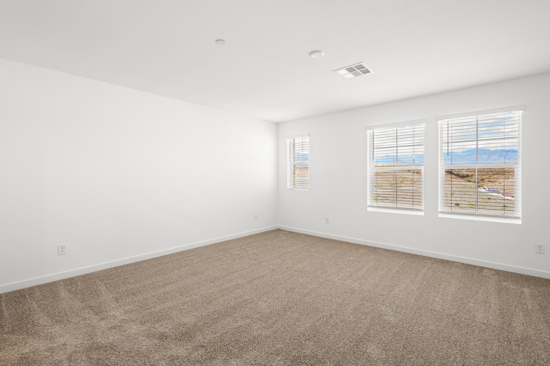 A room with a carpet and windows.