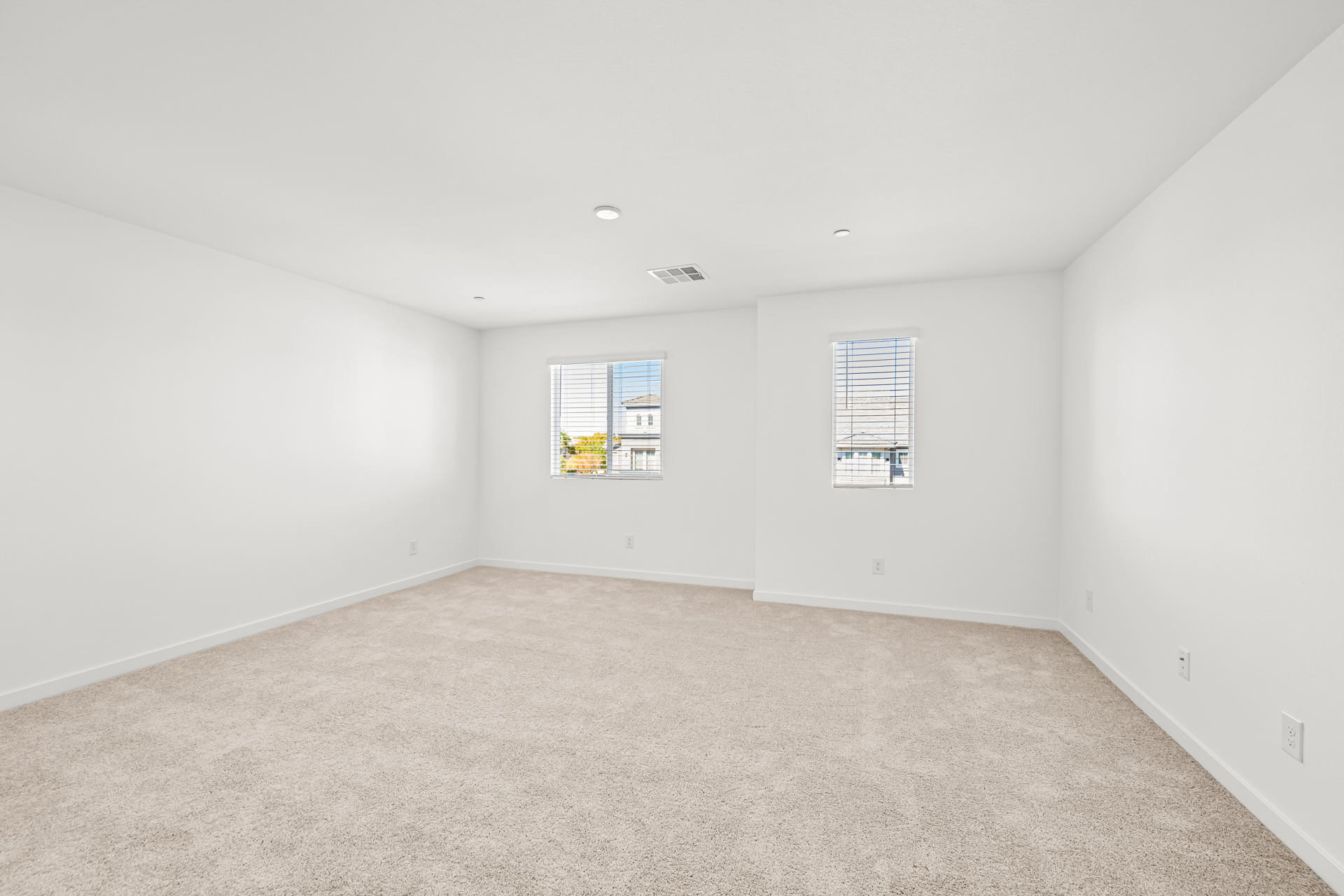 A room with a carpet and windows.