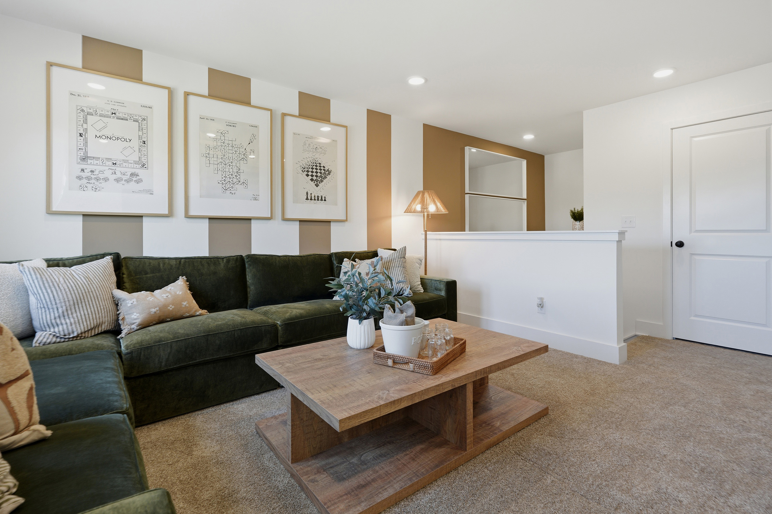 A living room with a couch and coffee table.