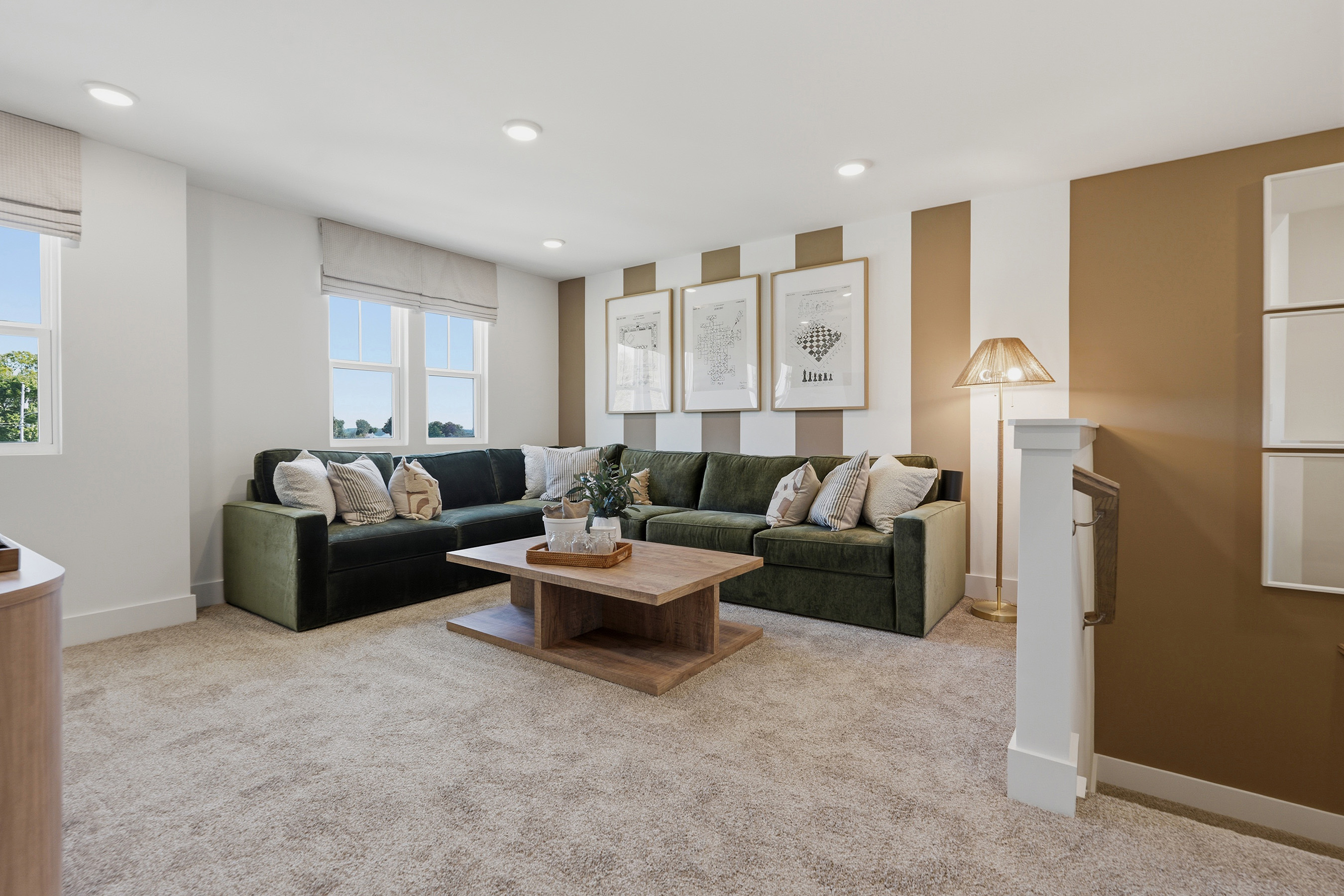 A living room with a couch and coffee table.