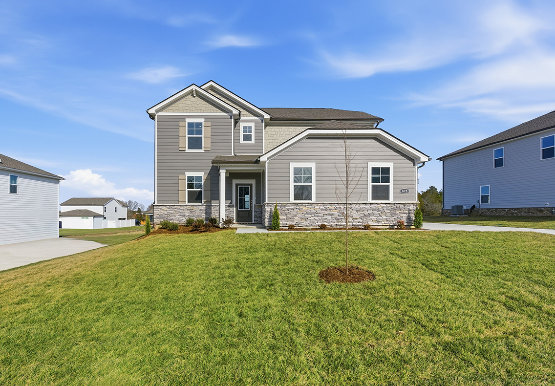 A house with a yard and a tree in the front.