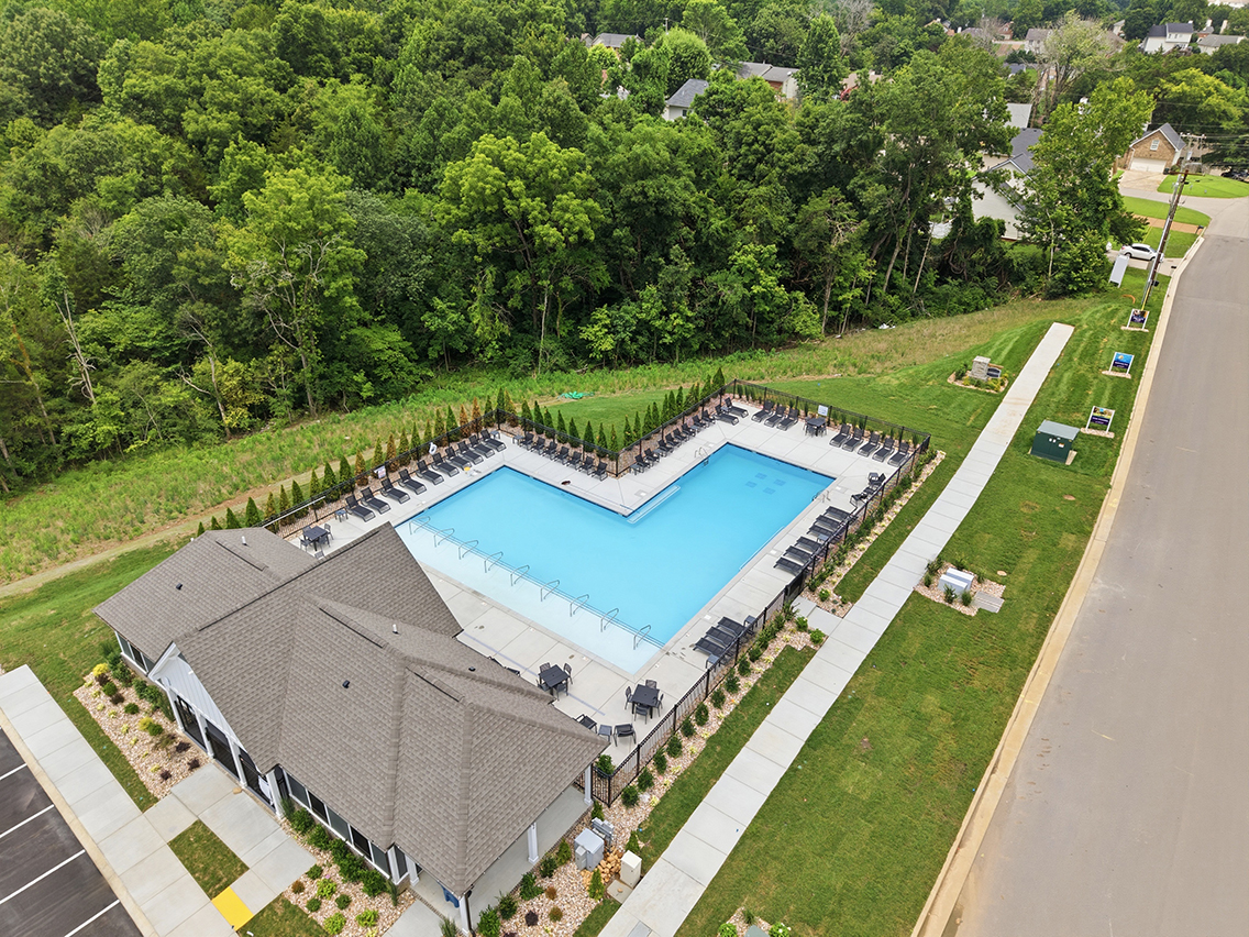 A pool surrounded by trees.