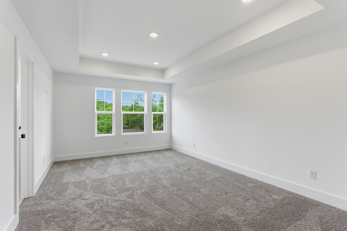 A room with a carpet and windows.