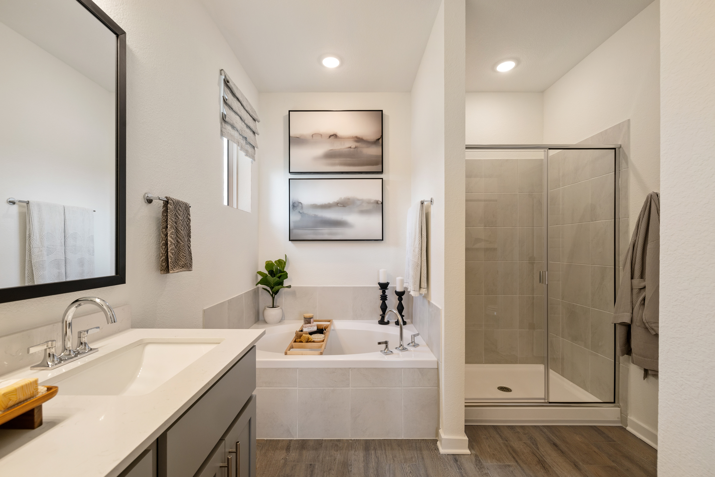 A bathroom with a glass shower.