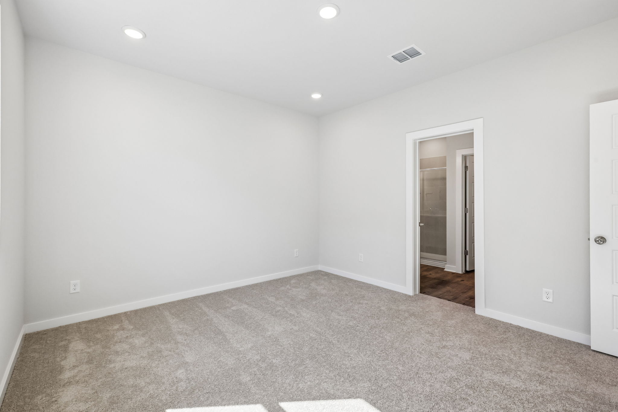 A room with a carpet and a door.