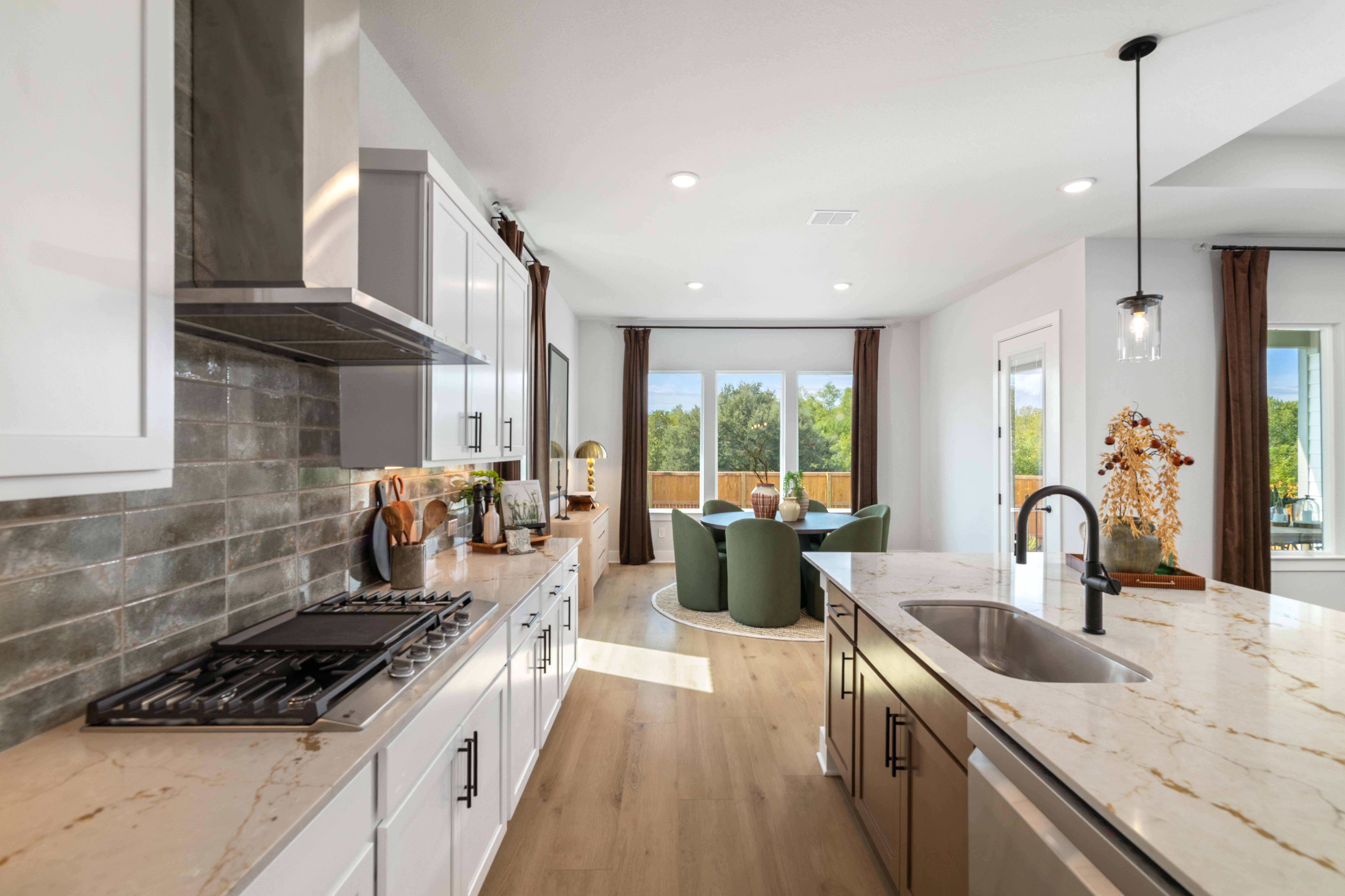 A kitchen with a large island.