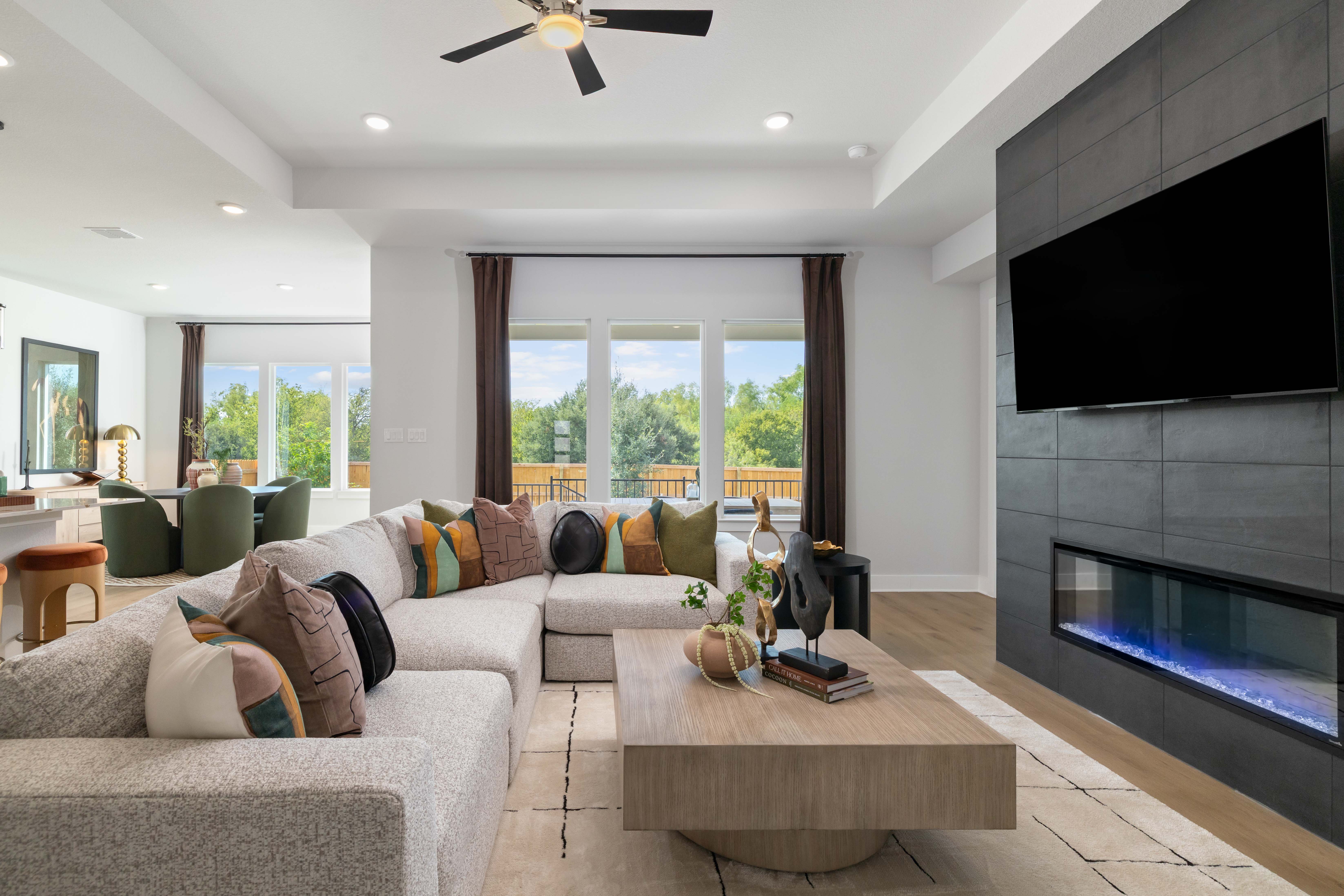 A living room with a fireplace.
