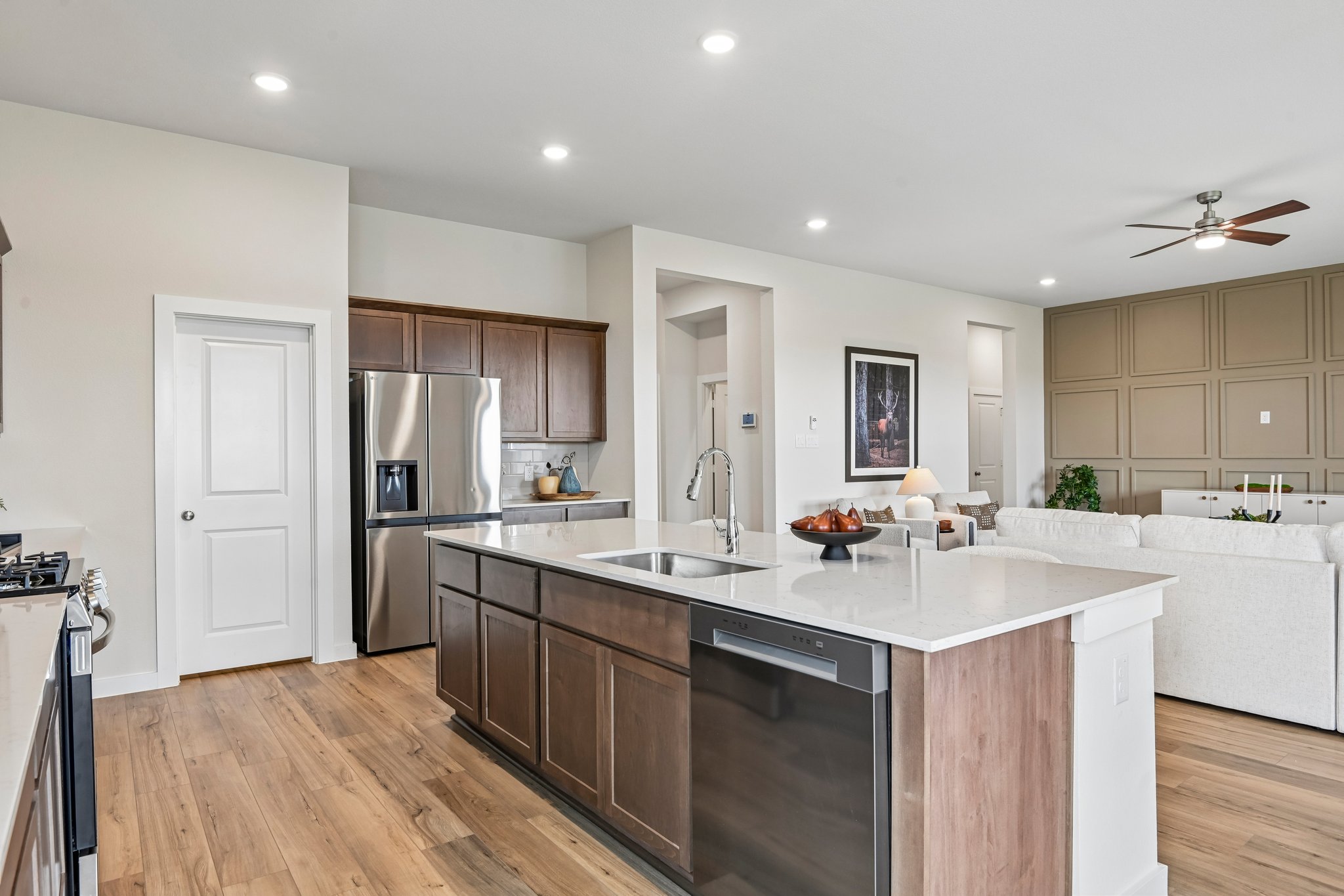 A kitchen with a large island.