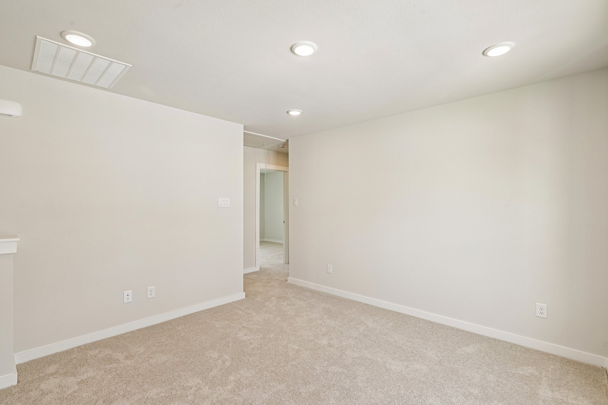 A room with a carpet and a door.