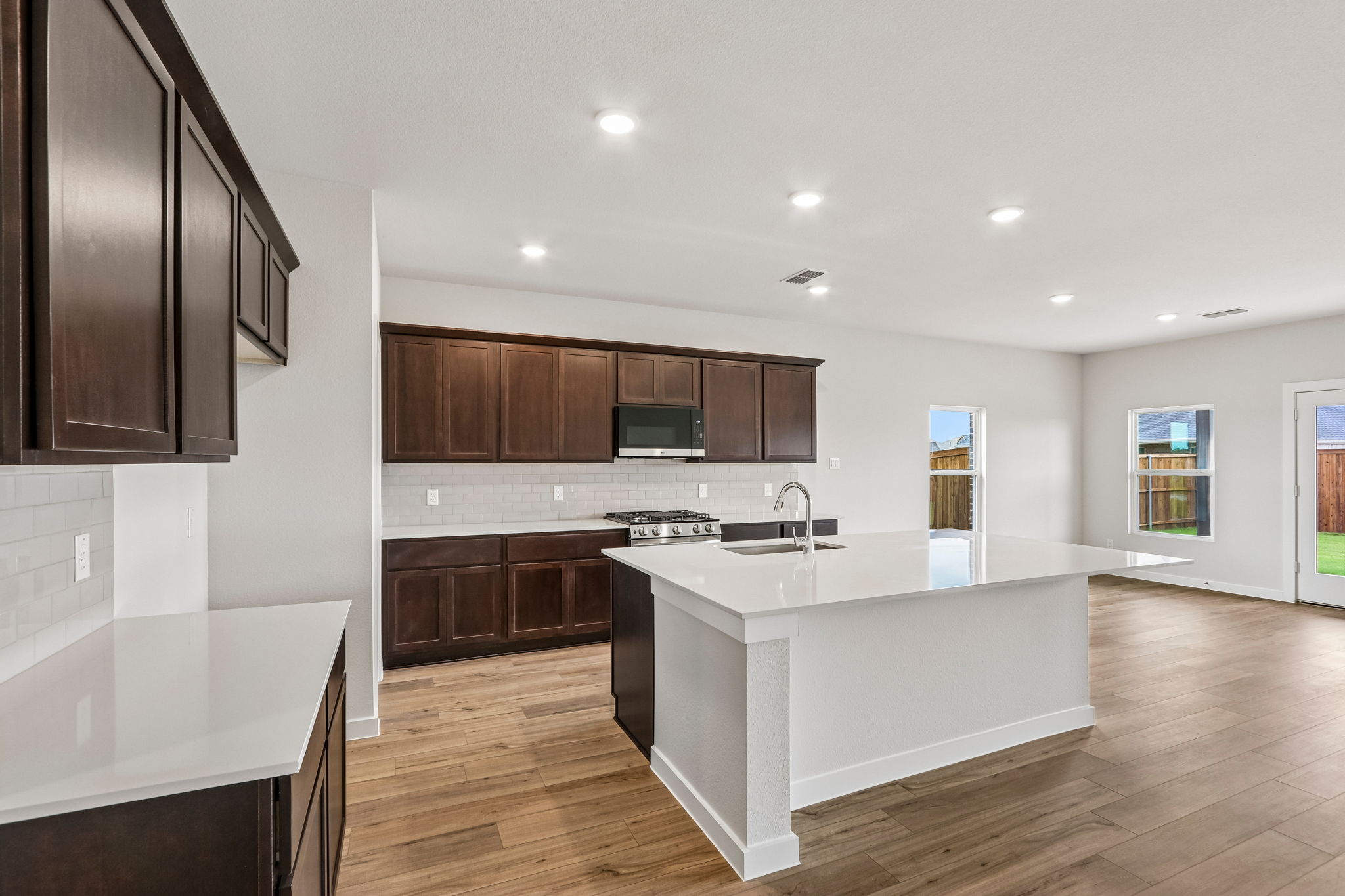 A kitchen with a large island.