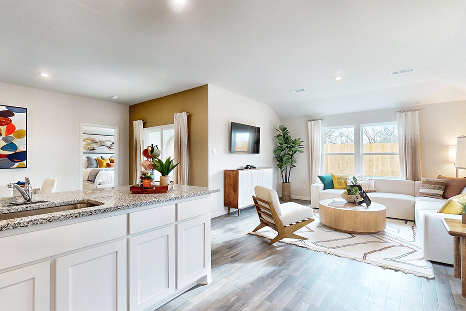 A large living room with a large island.