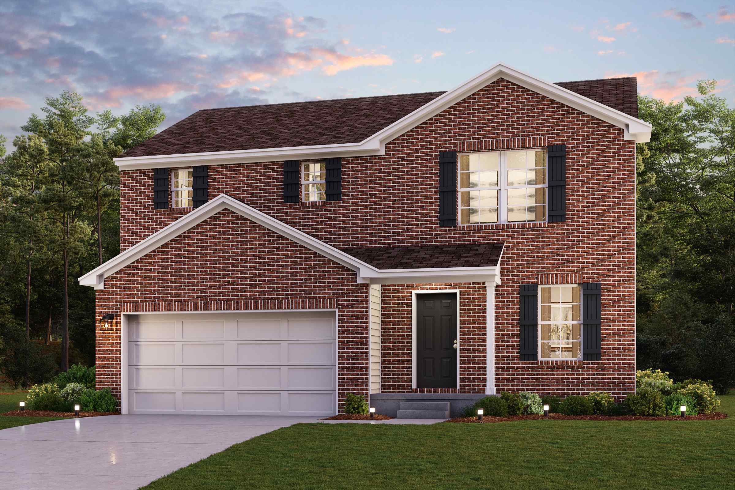 A brick house with a garage.