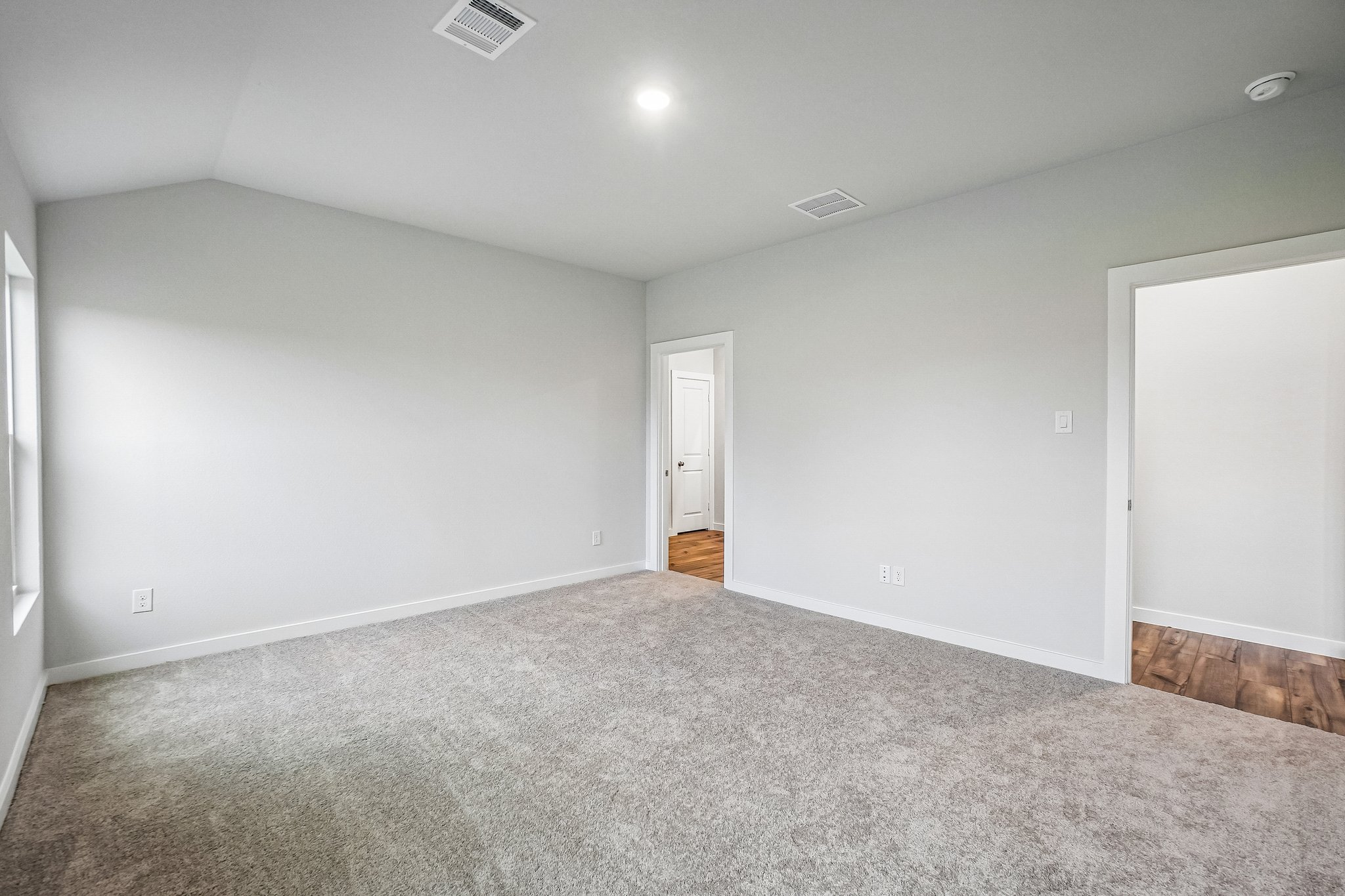 A room with a carpet and a door.