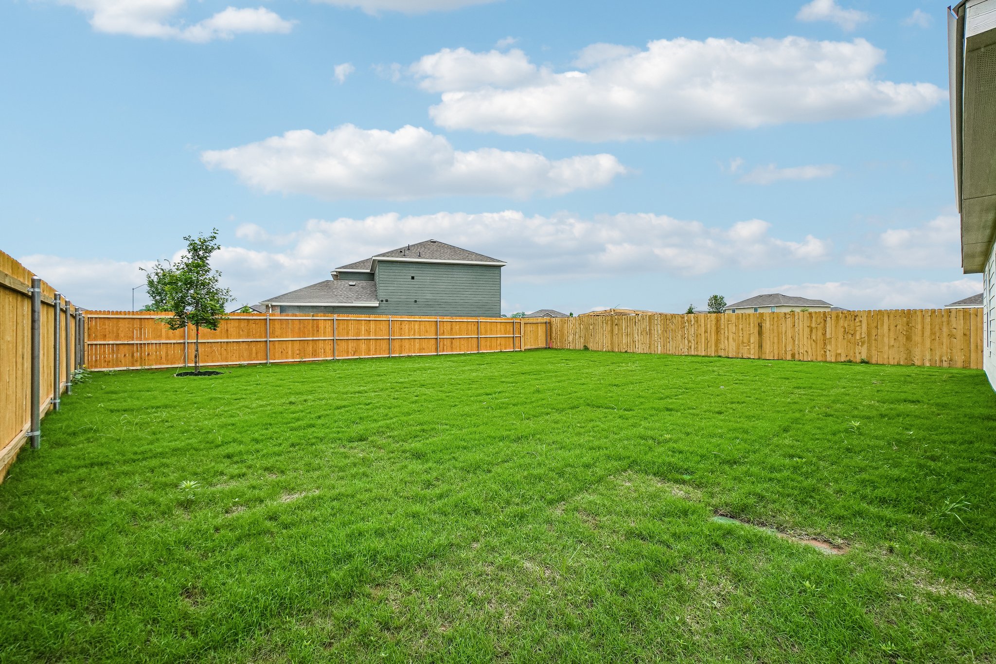 A grassy area with a fence and buildings in the background.