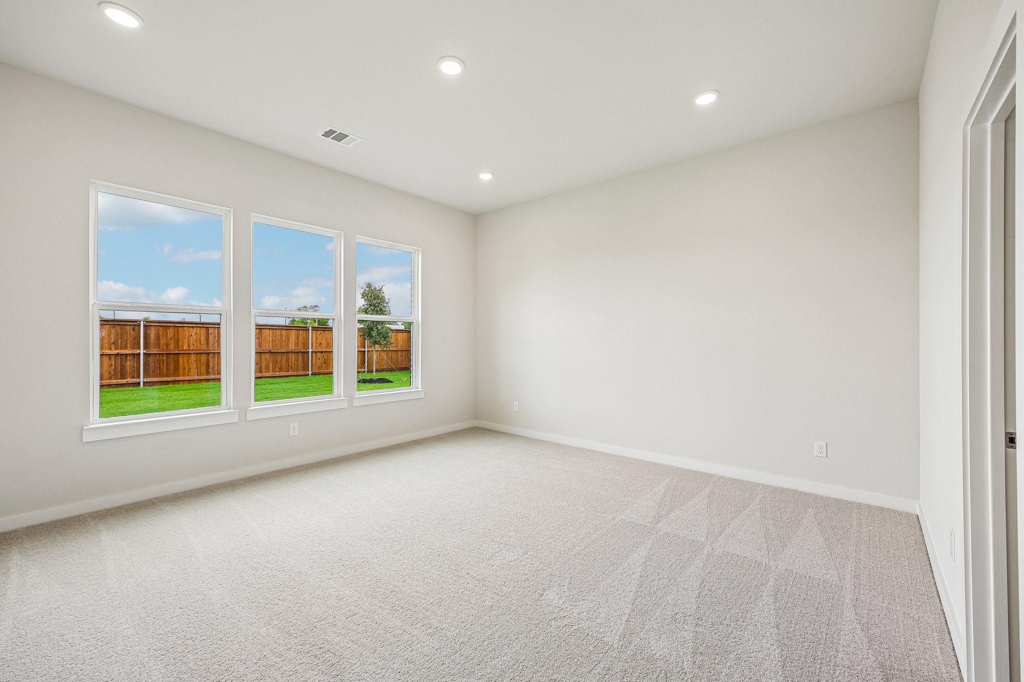 A room with a carpet and windows.