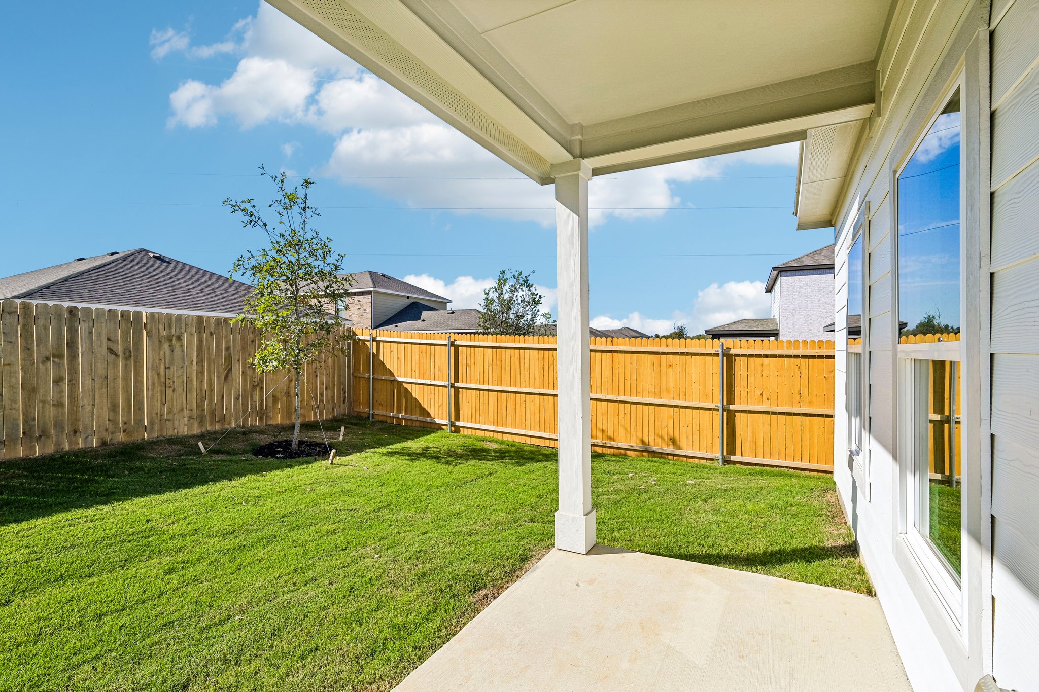 A backyard with a fence and a tree.