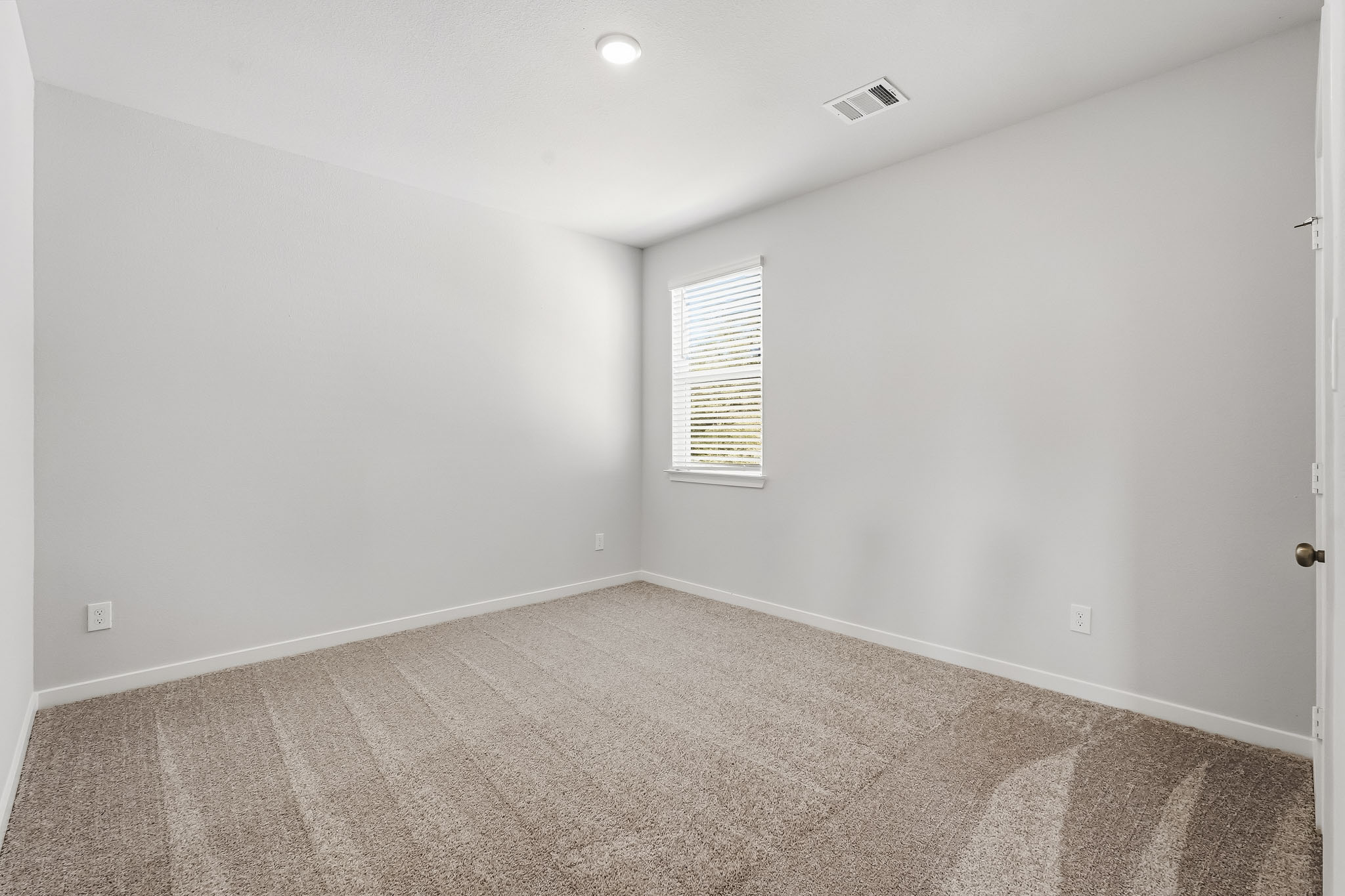A room with a carpet and a window.