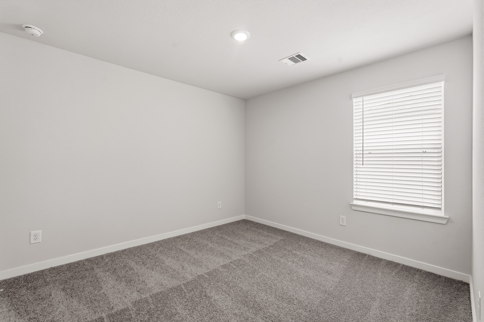 A room with a carpet and a window.