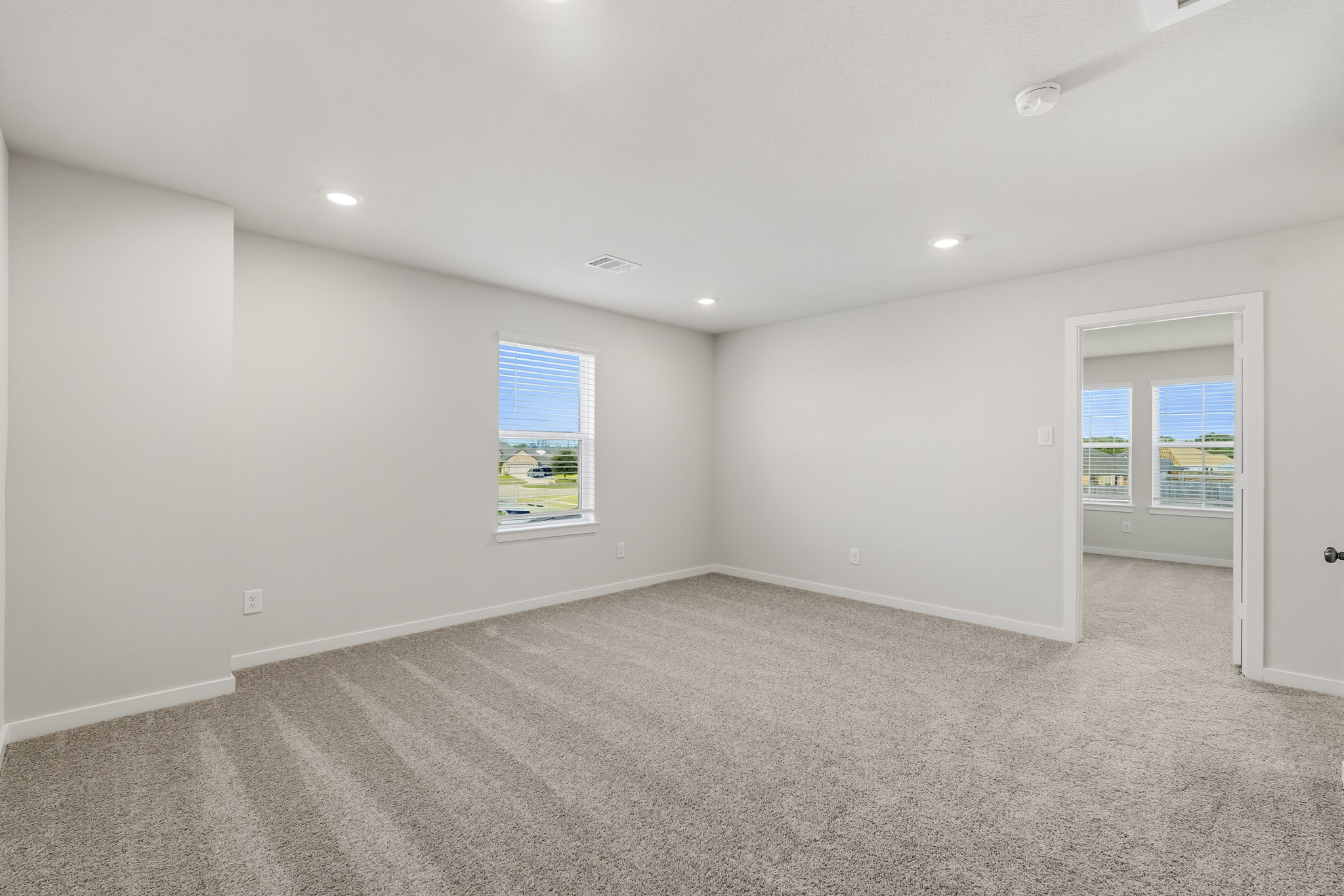 A room with a carpet and windows.