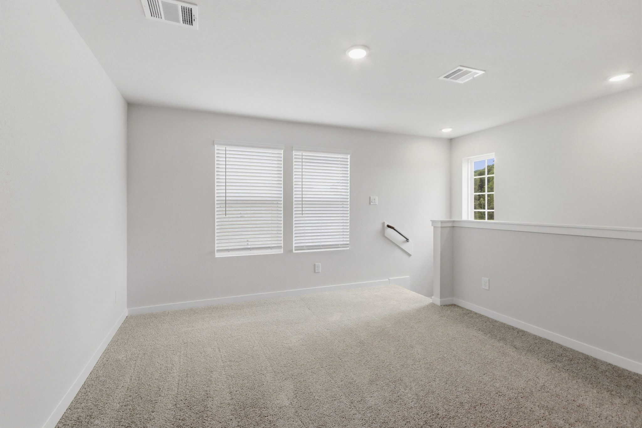 A room with a carpet and windows.