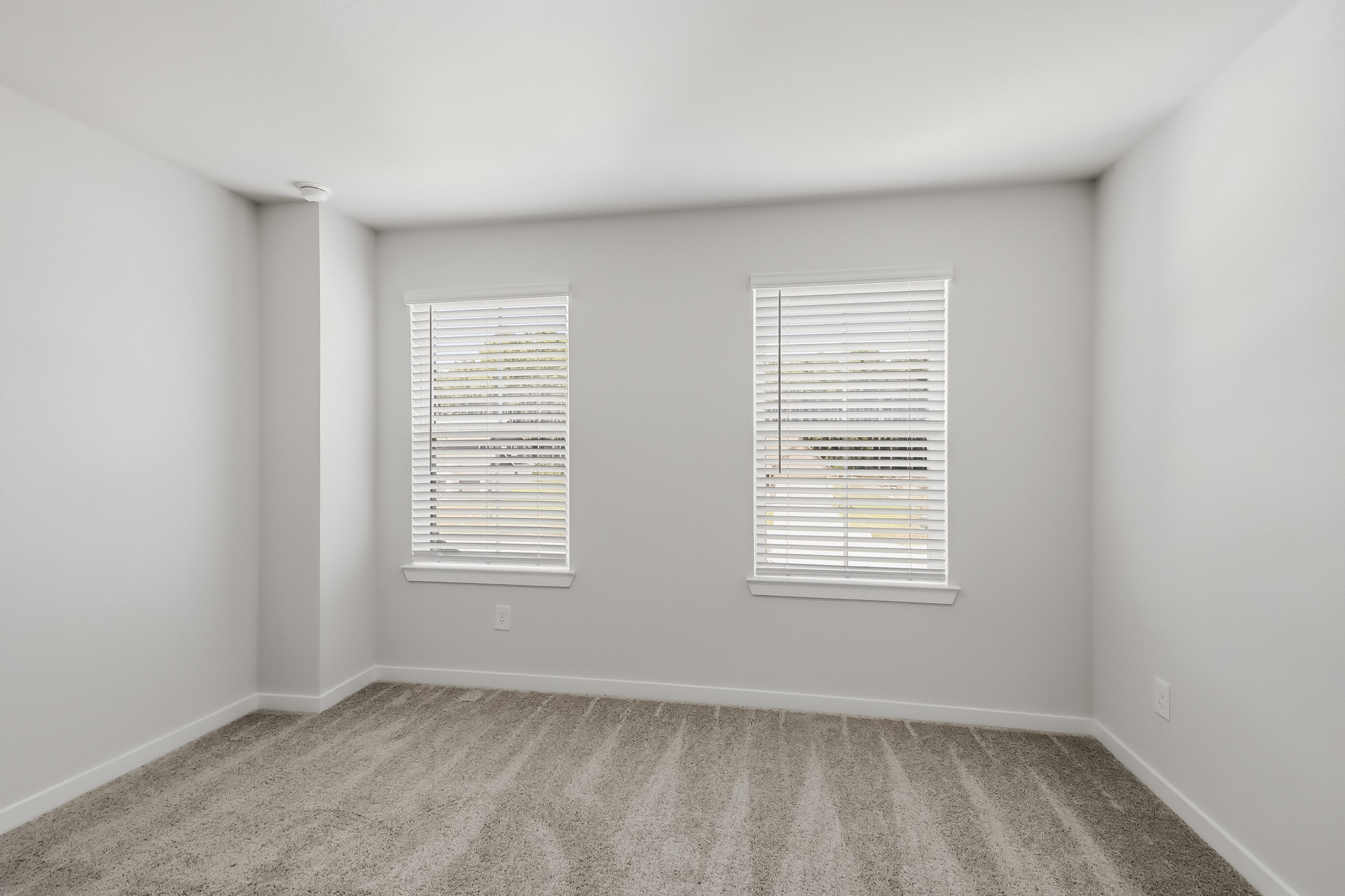 A room with a window and a rug.