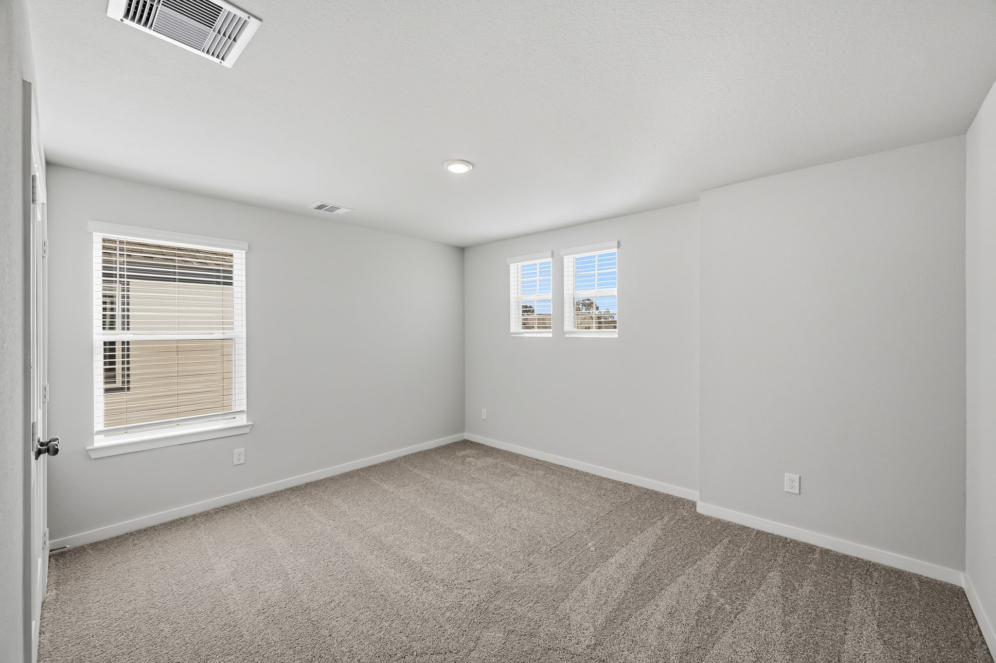 A room with a carpet and windows.