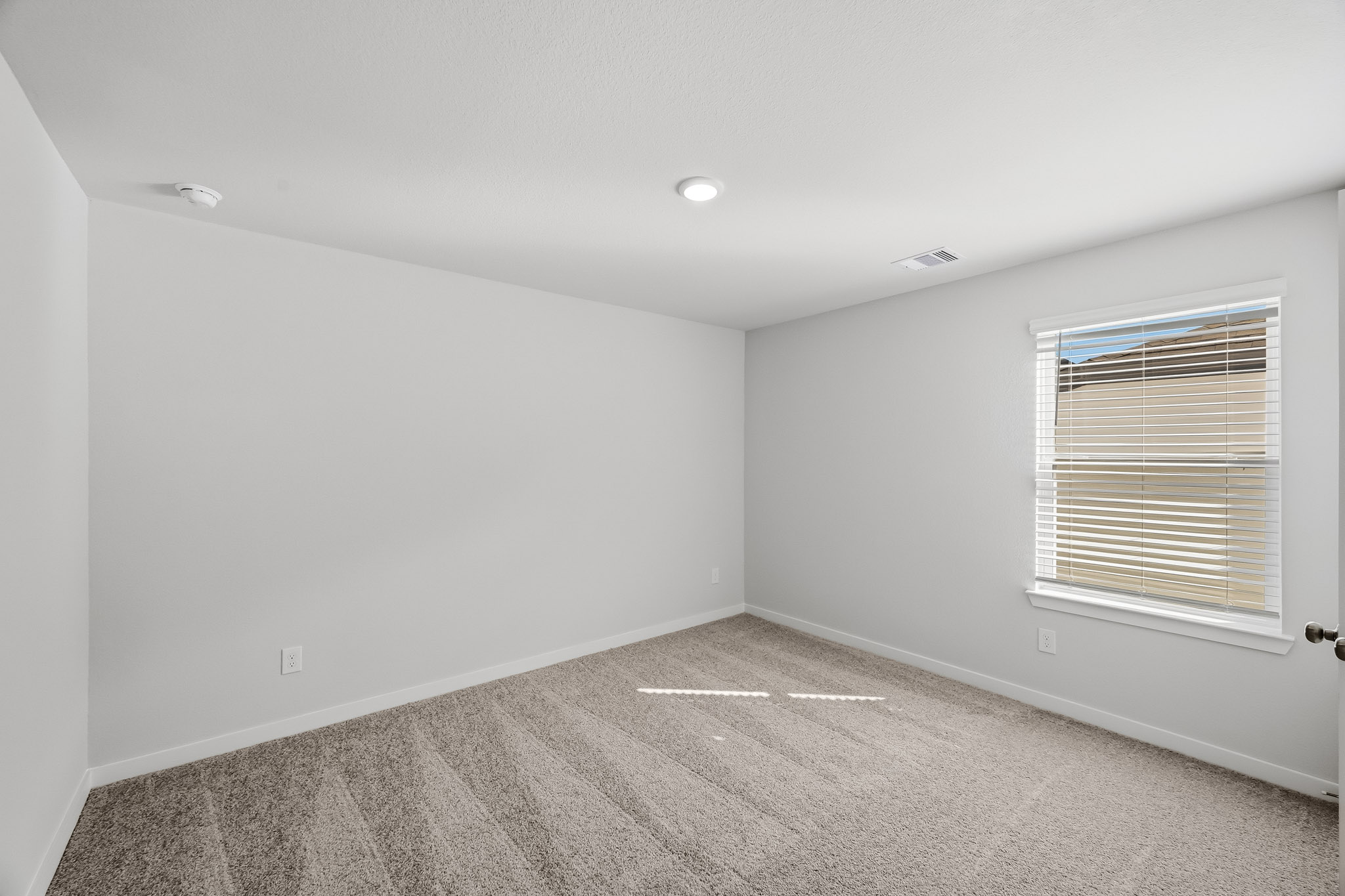 A room with a carpet and a window.