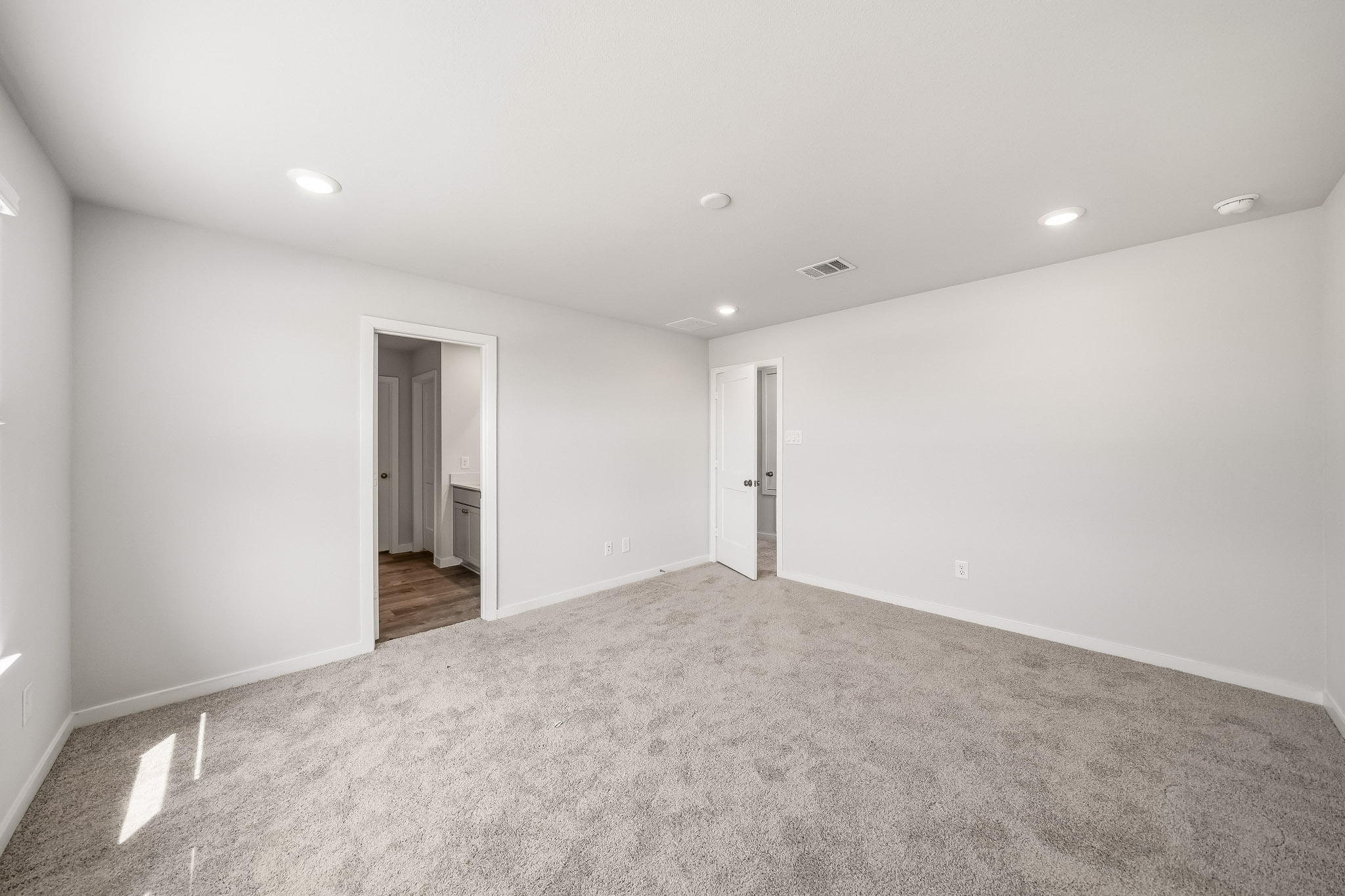 A room with carpet and doors.