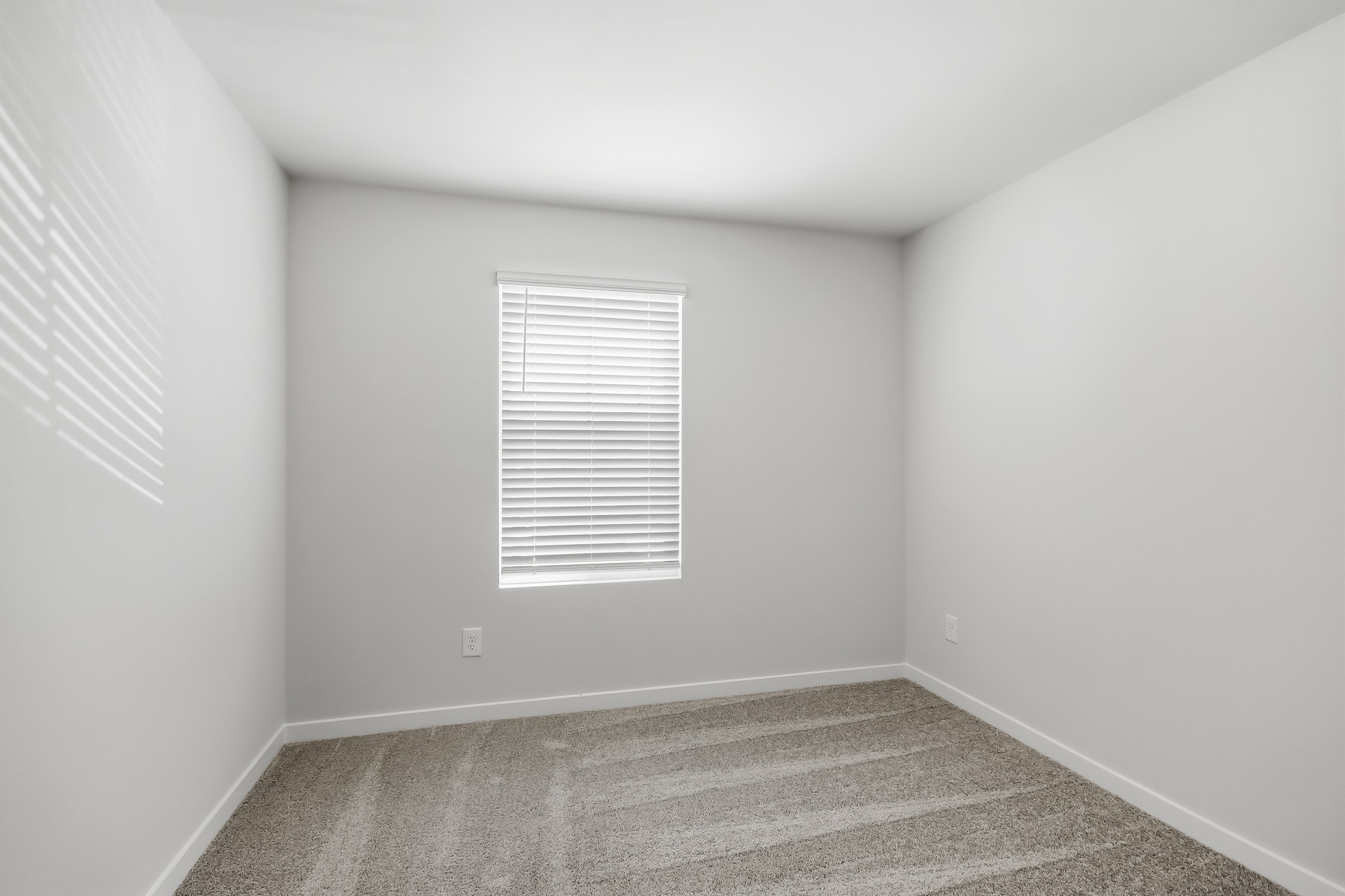 A room with a window and a rug.