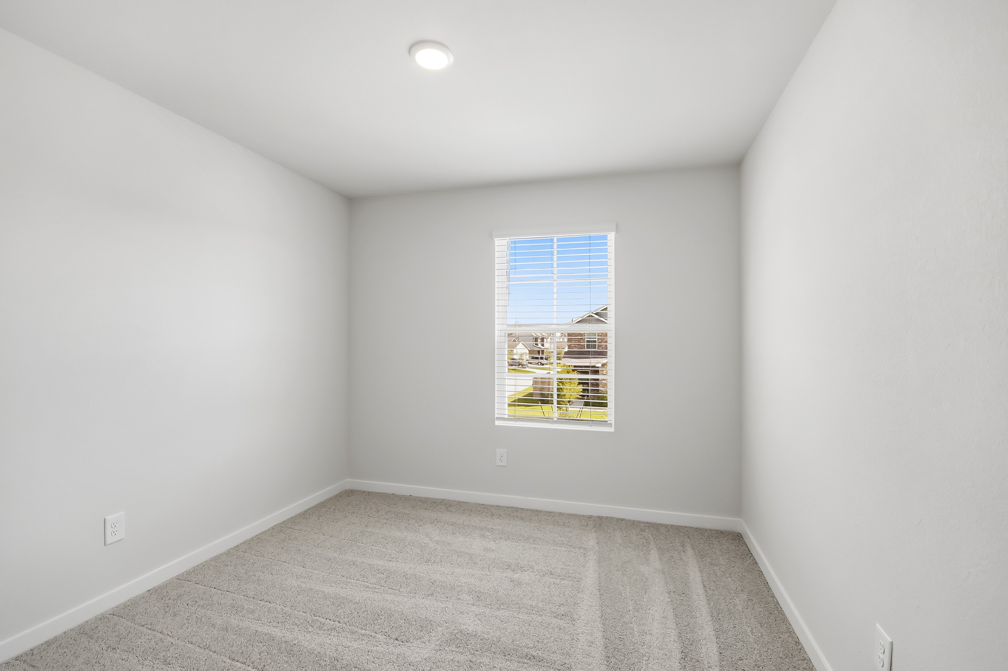 A room with a window and a rug.